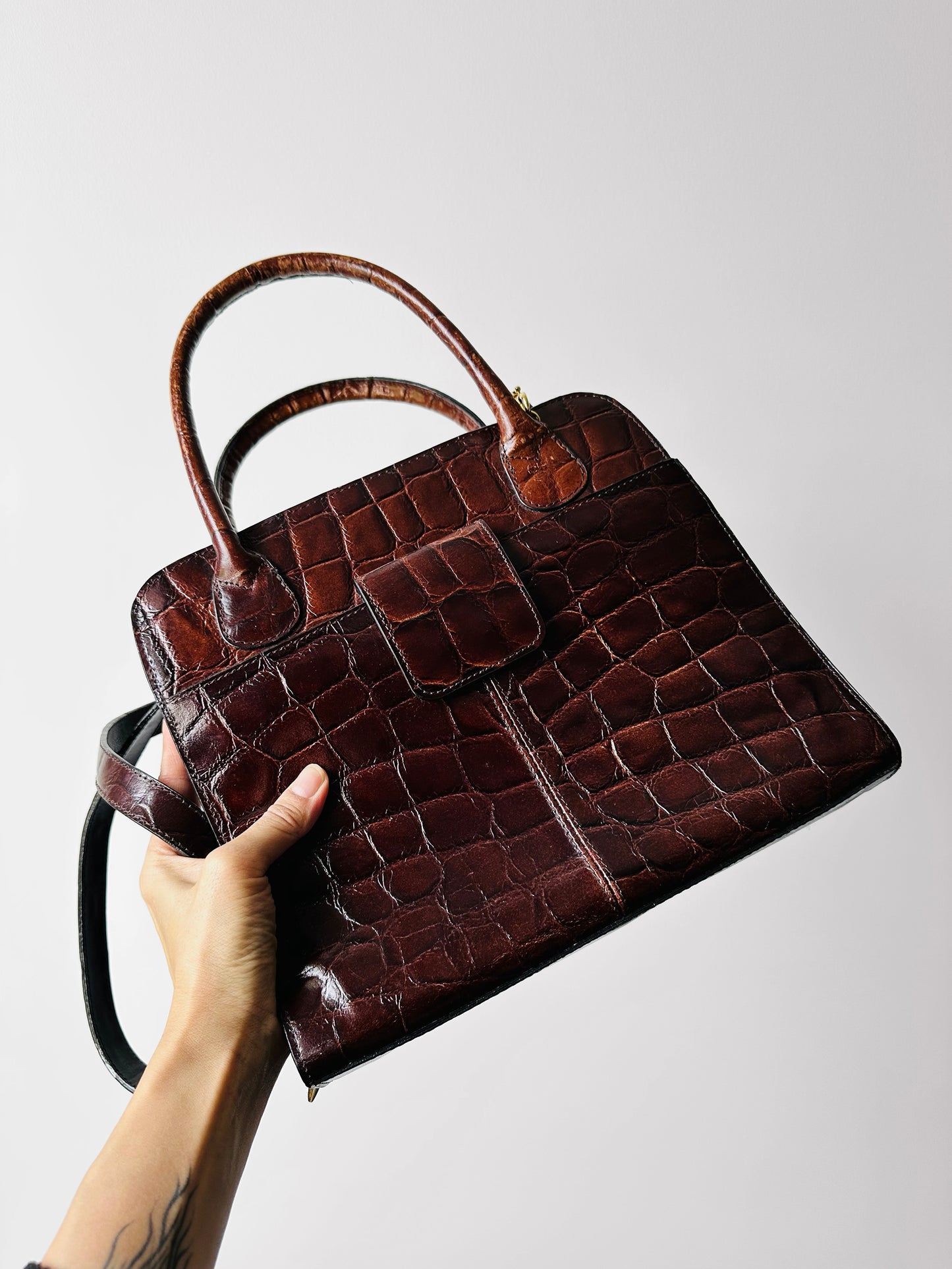 Late 20th Century Auburn Brown Textured Leather Handbag