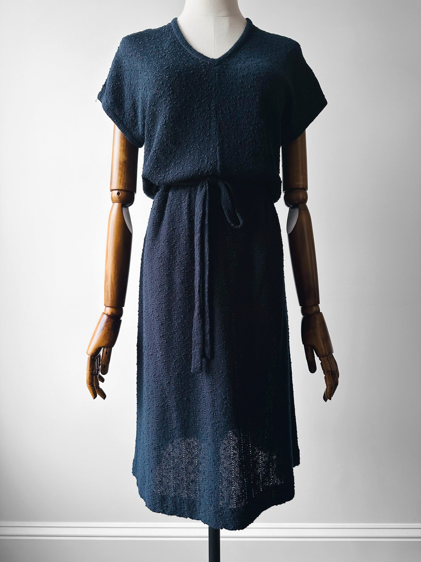 1980s Navy Blue Textured Tied Waist Knit Dress - Sz. Small