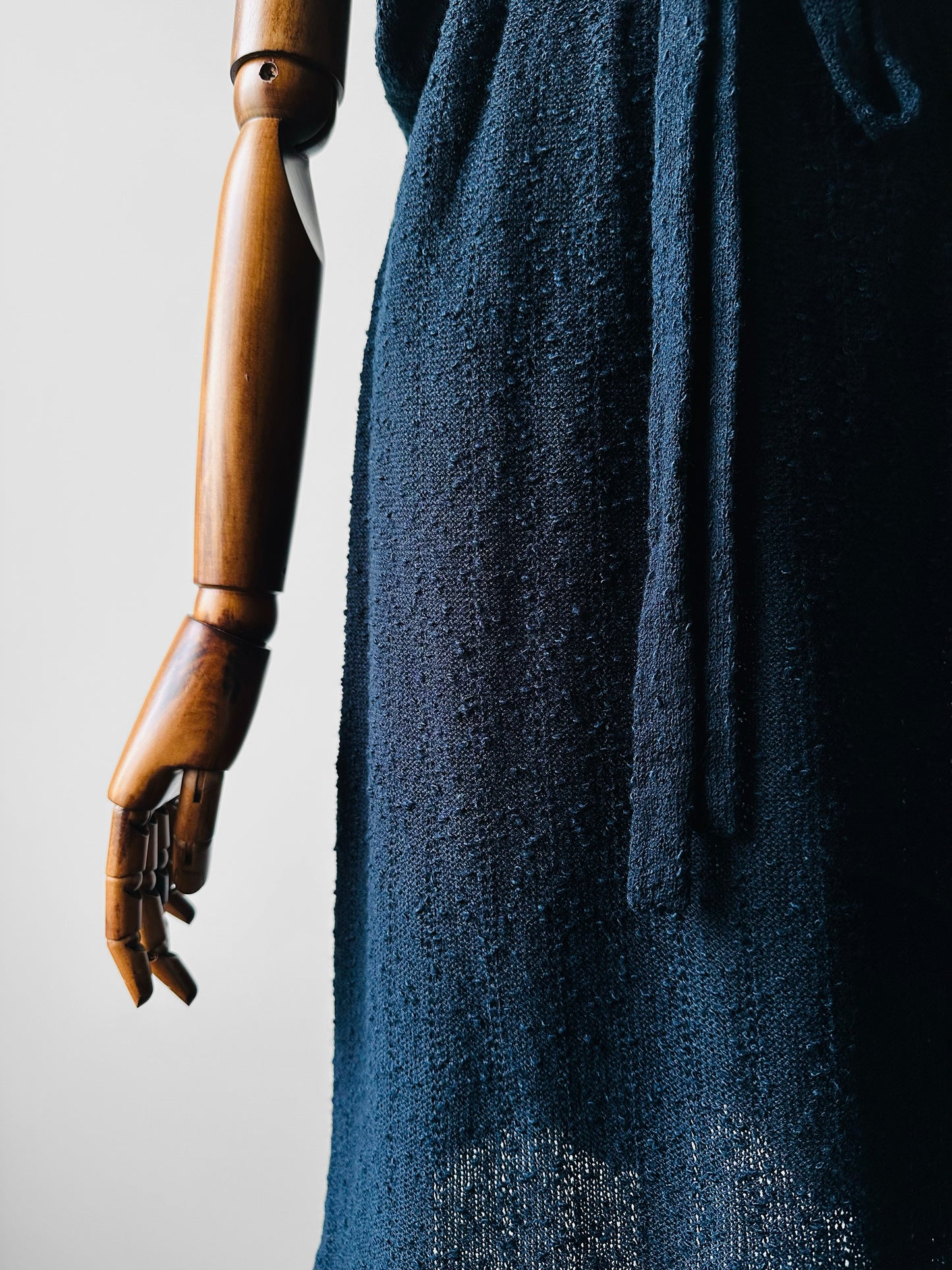 1980s Navy Blue Textured Tied Waist Knit Dress - Sz. Small