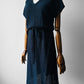1980s Navy Blue Textured Tied Waist Knit Dress - Sz. Small
