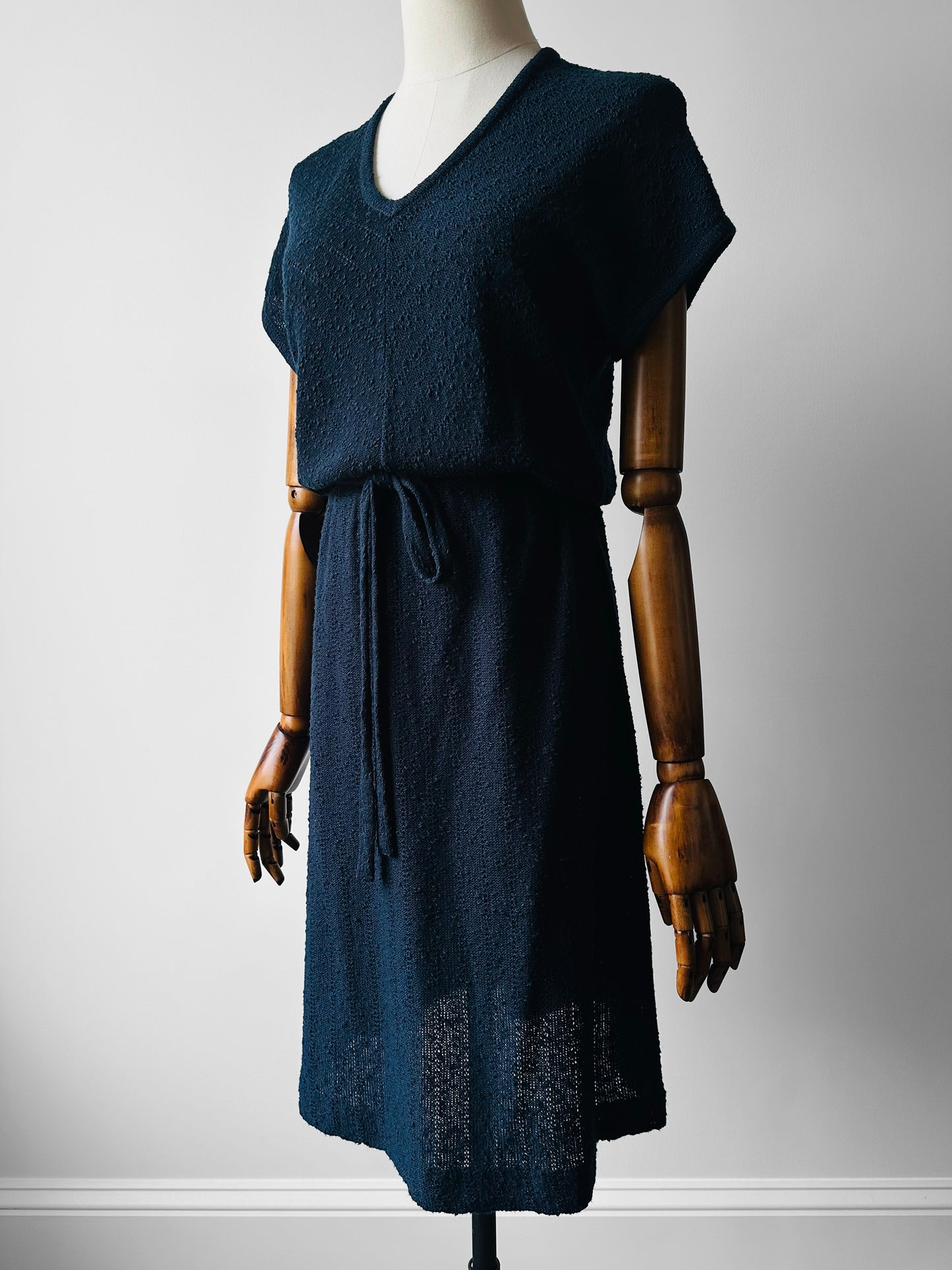 1980s Navy Blue Textured Tied Waist Knit Dress - Sz. Small