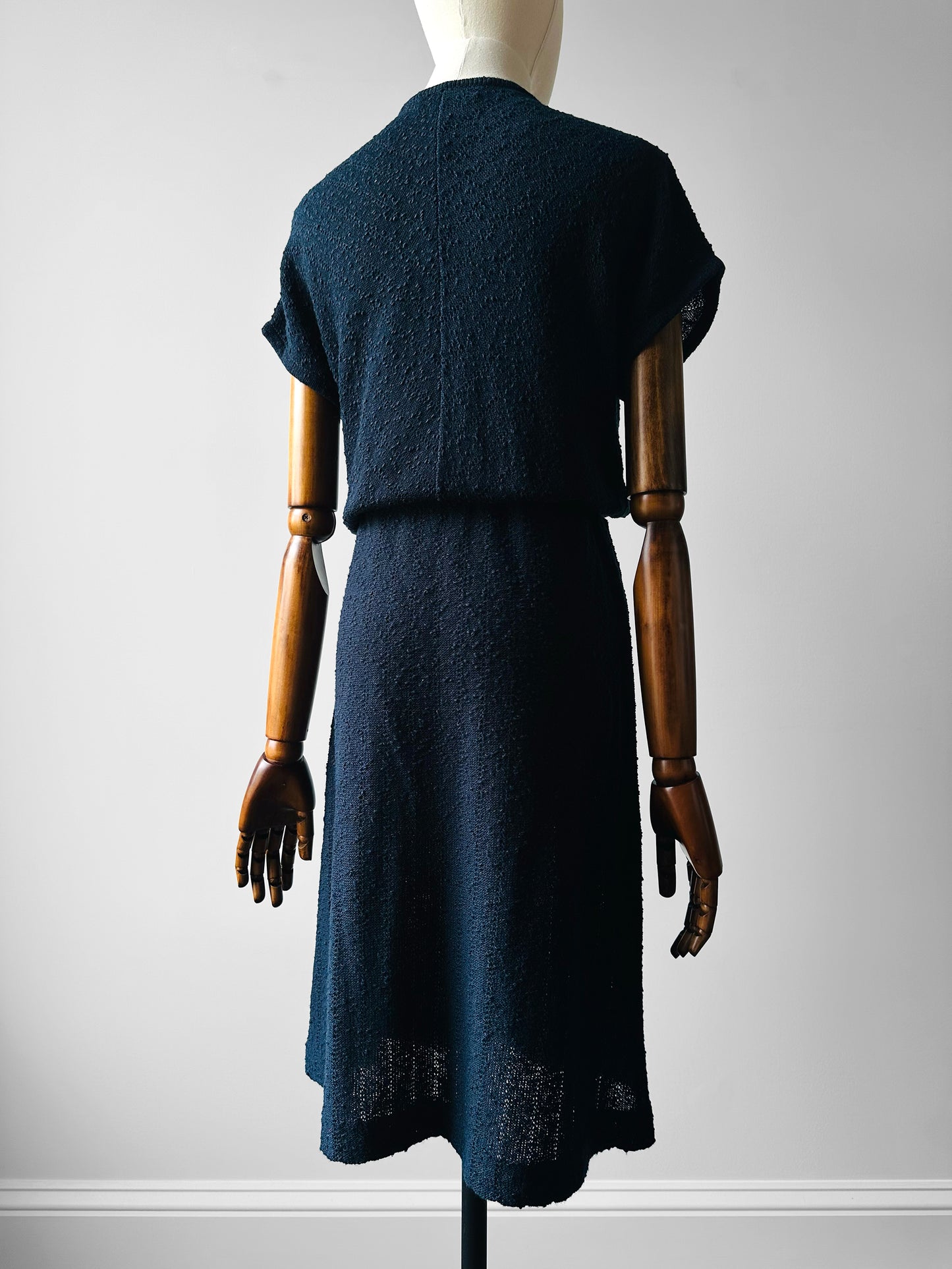 1980s Navy Blue Textured Tied Waist Knit Dress - Sz. Small