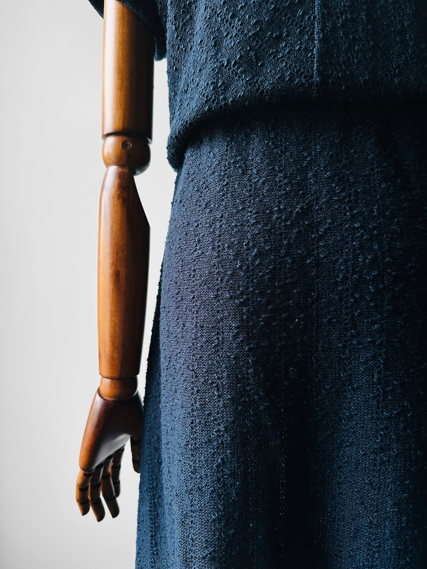 1980s Navy Blue Textured Tied Waist Knit Dress - Sz. Small