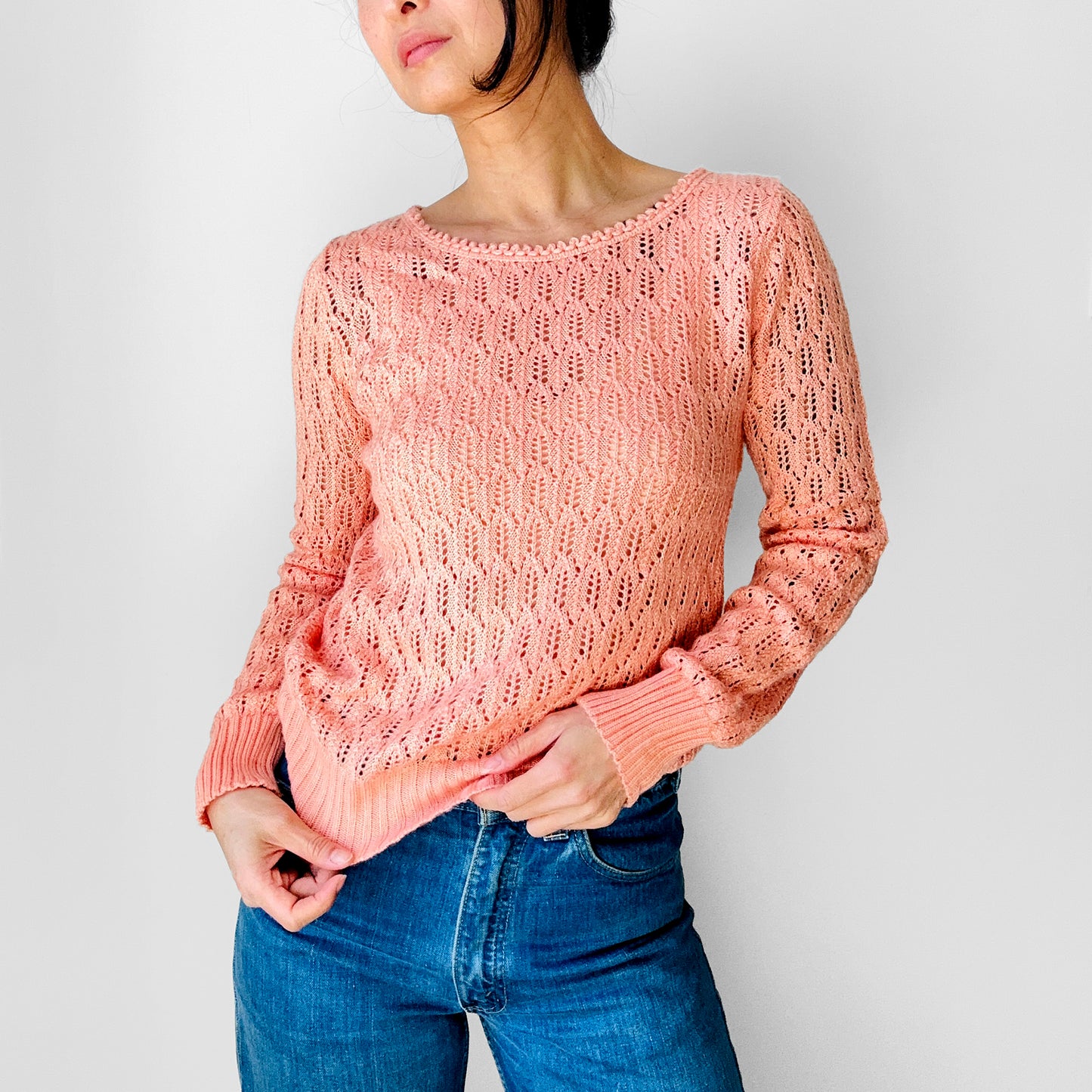 1970s Rose Pink Long Sleeve Delicate Knit Top - Sz. S