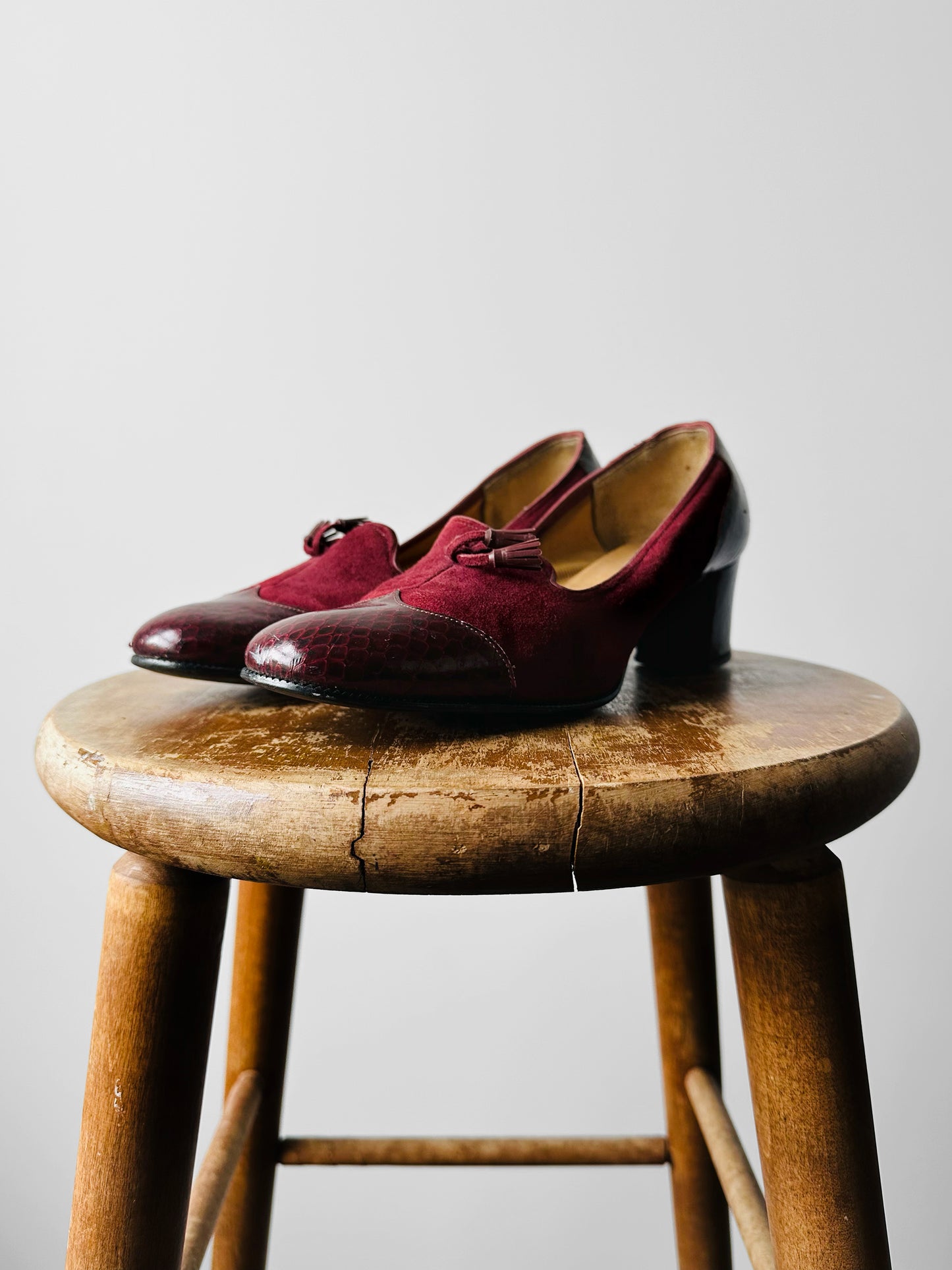 1970s - 1980s Wine Red Patent Leather and Suede Tassel Slip On Heeled Loafers