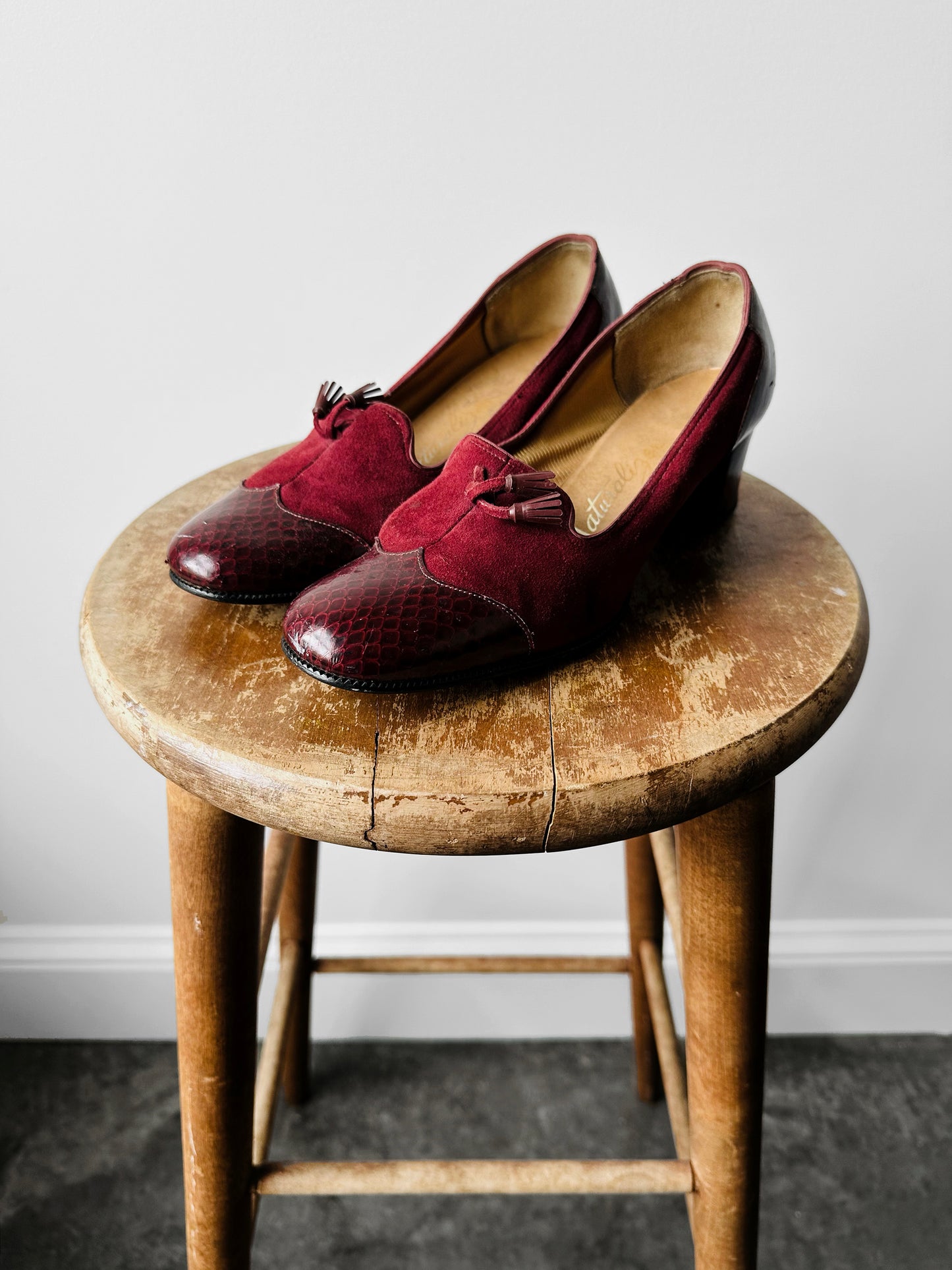 1970s - 1980s Wine Red Patent Leather and Suede Tassel Slip On Heeled Loafers
