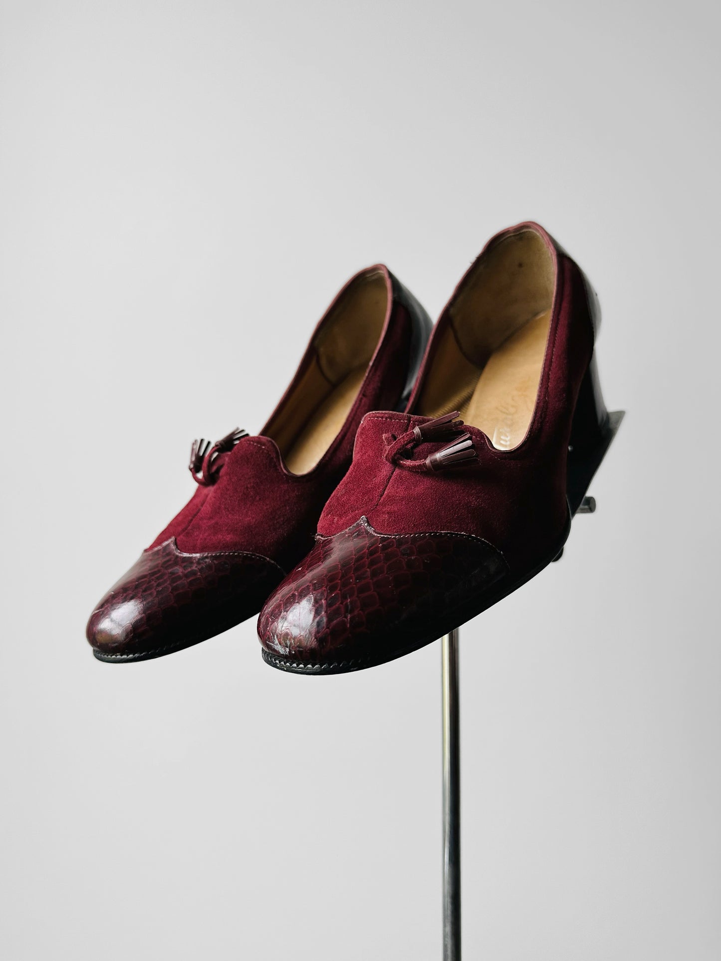 1970s - 1980s Wine Red Patent Leather and Suede Tassel Slip On Heeled Loafers