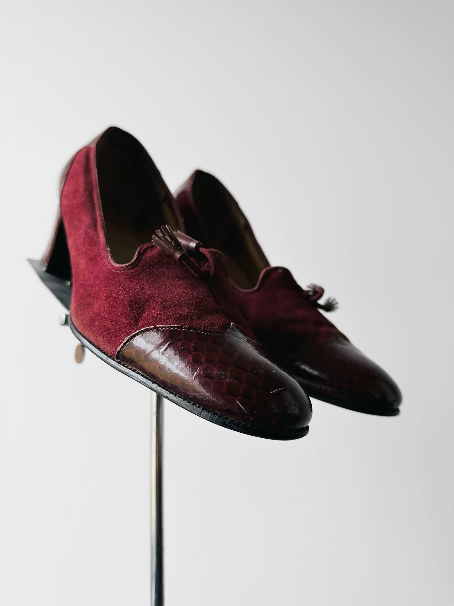 1970s - 1980s Wine Red Patent Leather and Suede Tassel Slip On Heeled Loafers