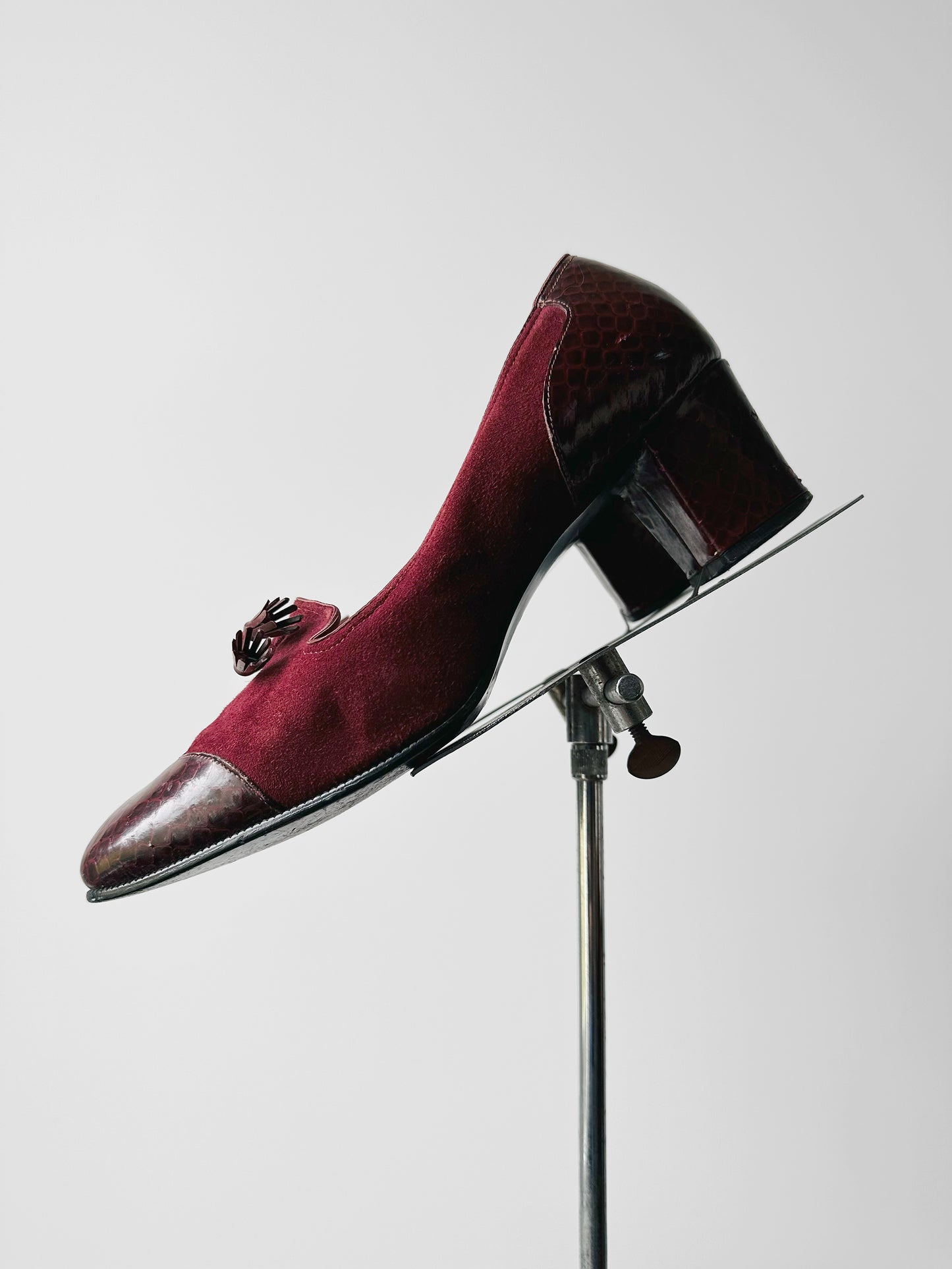 1970s - 1980s Wine Red Patent Leather and Suede Tassel Slip On Heeled Loafers