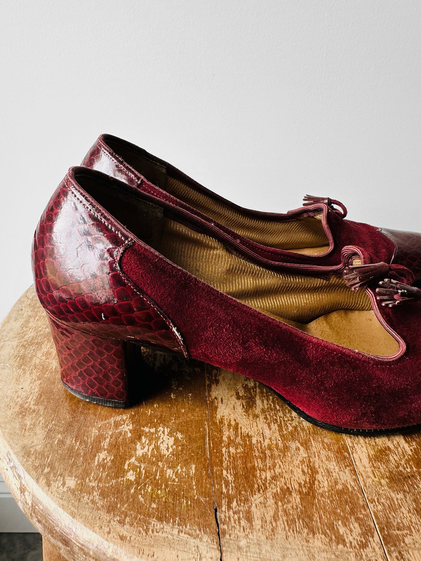 1970s - 1980s Wine Red Patent Leather and Suede Tassel Slip On Heeled Loafers