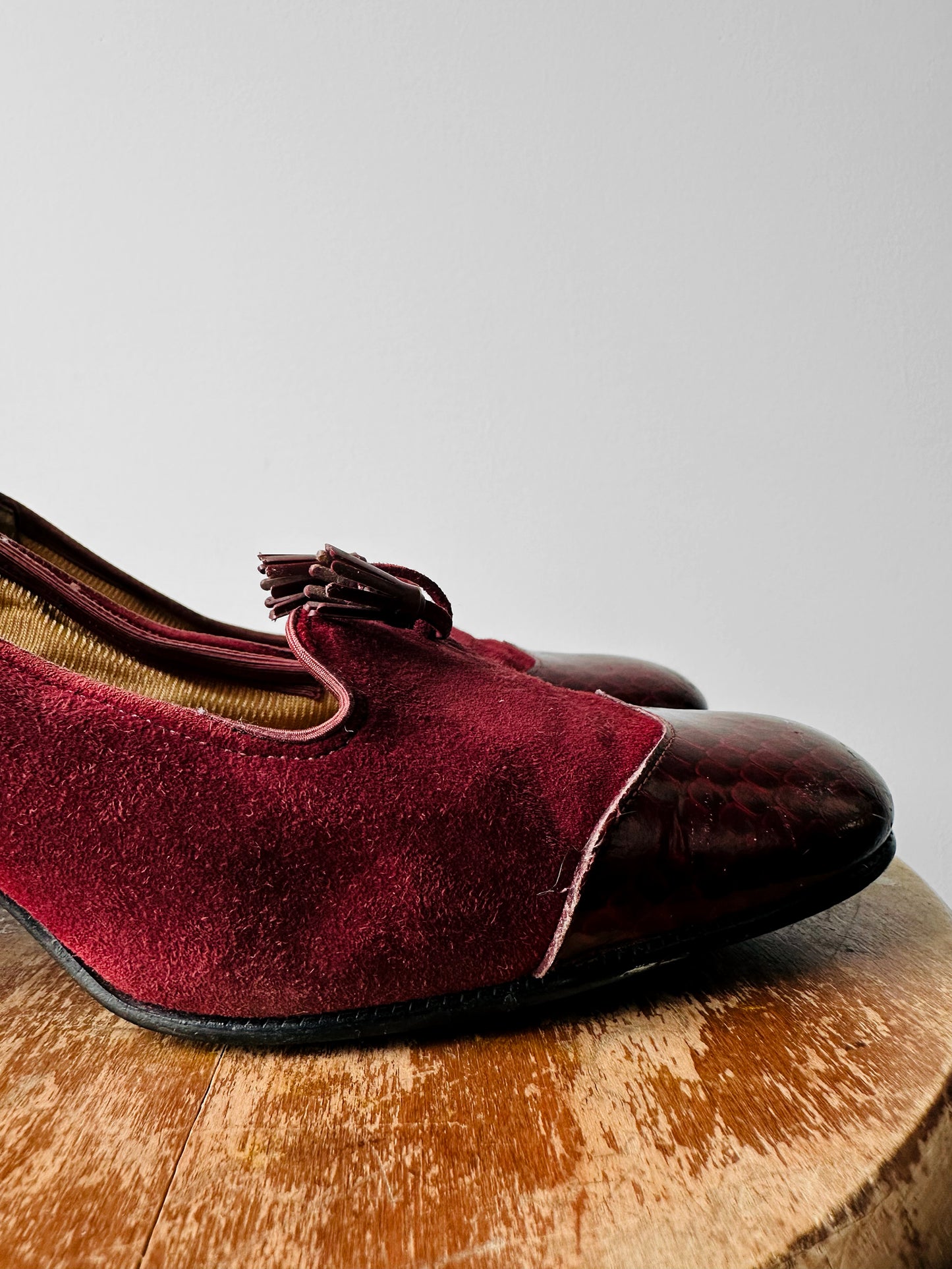 1970s - 1980s Wine Red Patent Leather and Suede Tassel Slip On Heeled Loafers