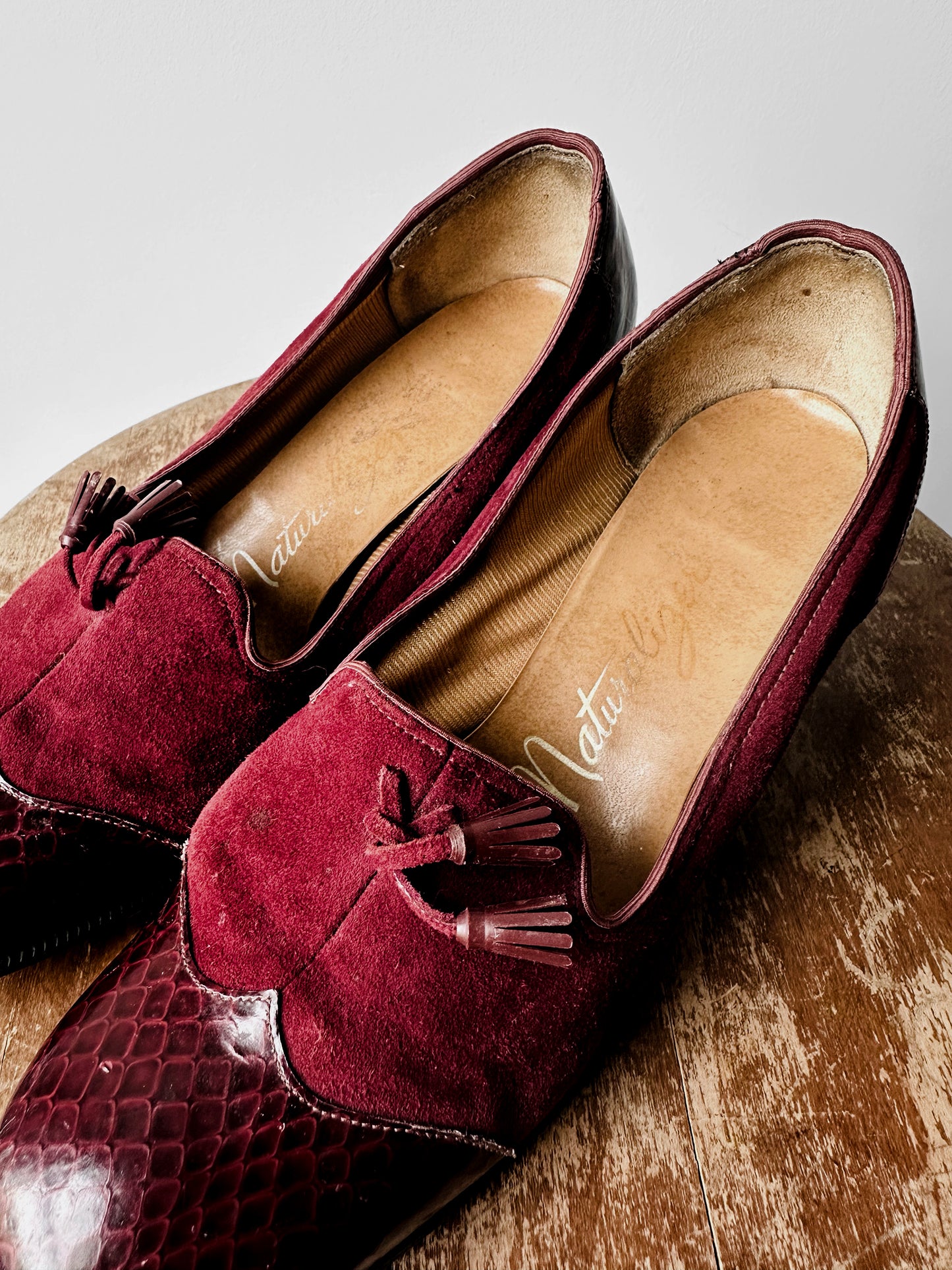 1970s - 1980s Wine Red Patent Leather and Suede Tassel Slip On Heeled Loafers