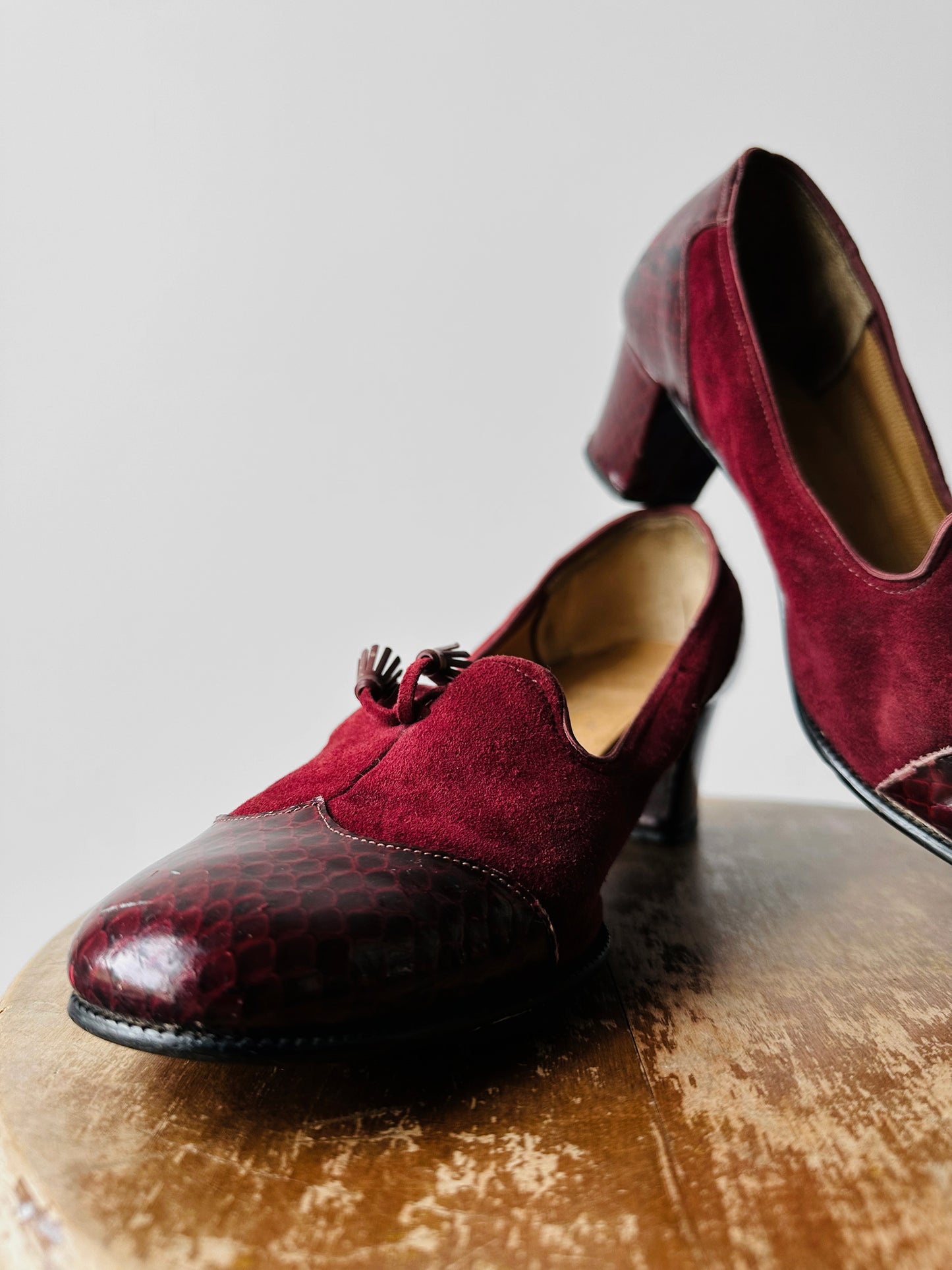 1970s - 1980s Wine Red Patent Leather and Suede Tassel Slip On Heeled Loafers