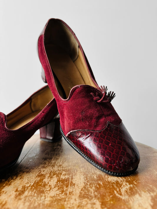 1970s - 1980s Wine Red Patent Leather and Suede Tassel Slip On Heeled Loafers