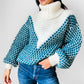 Teal and Cream Wool Turtleneck Patterned Oversized Knit Pullover Sweater