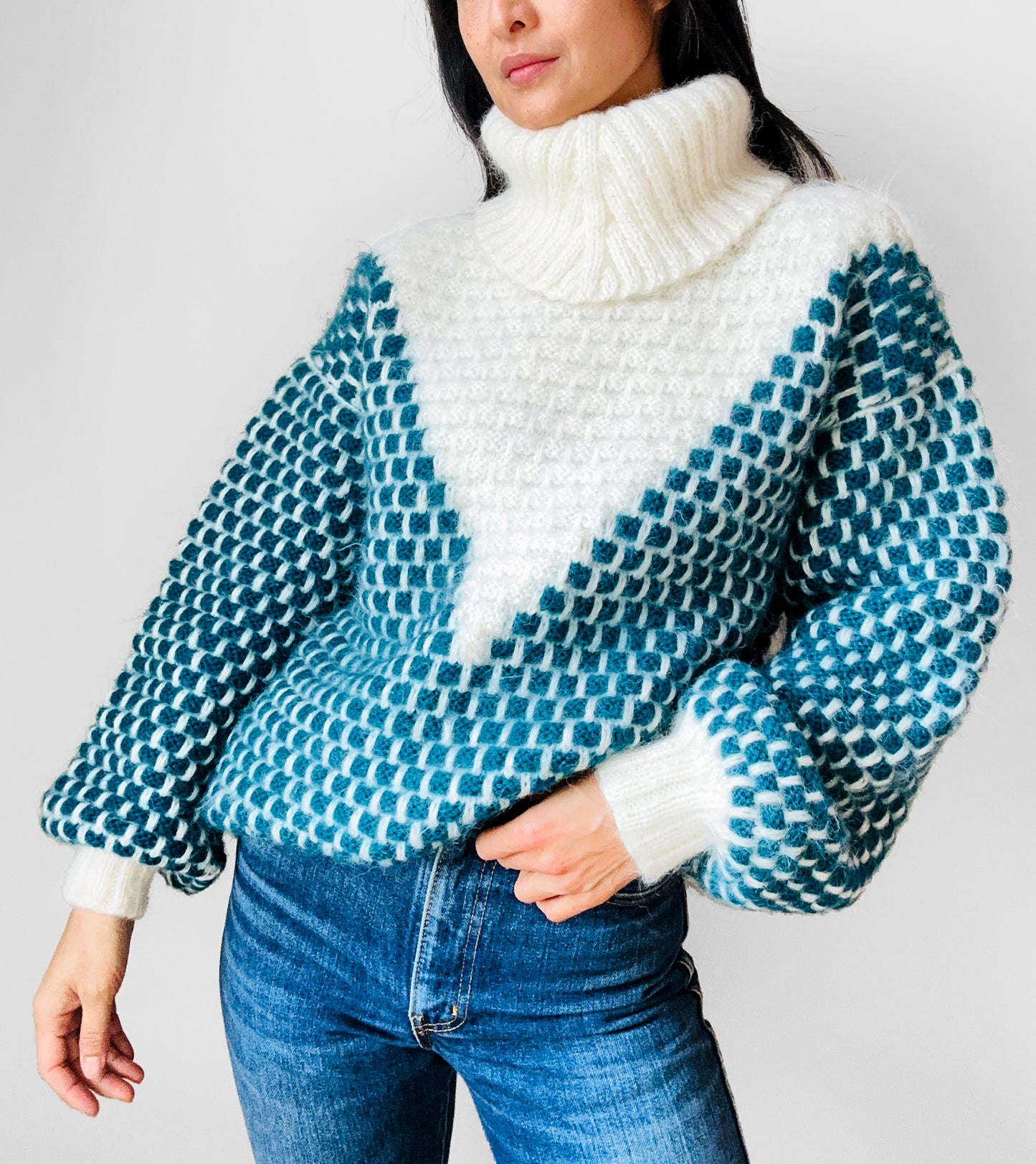 Teal and Cream Wool Turtleneck Patterned Oversized Knit Pullover Sweater