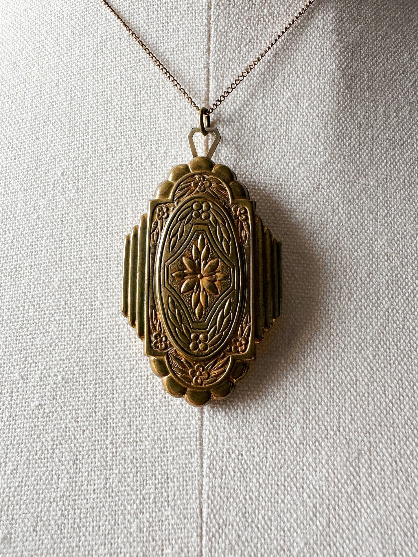Antique 1920s - 1930s Tarnished Gold-Toned Locket Necklace with Floral Relief
