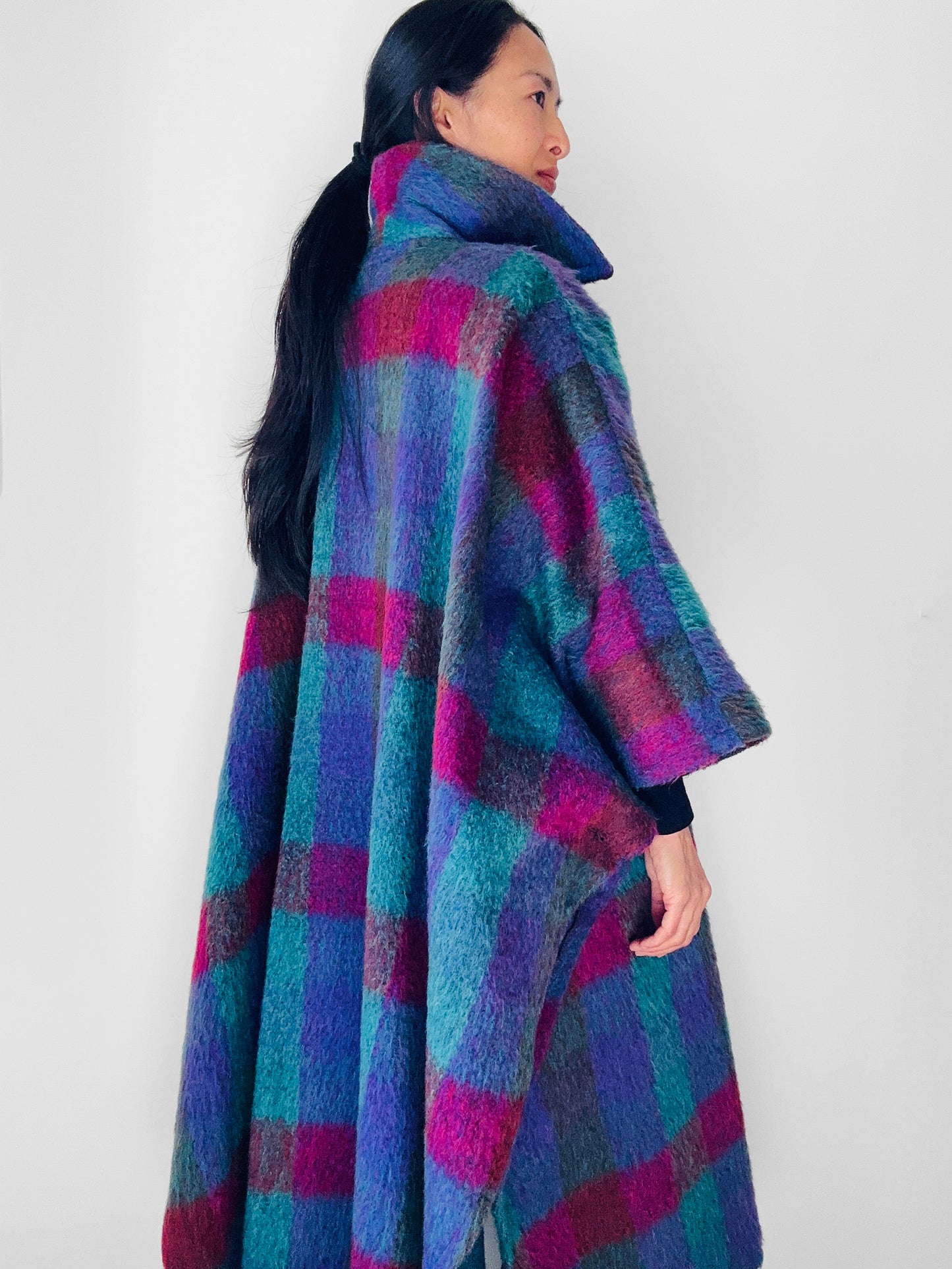 1960s Multi-Coloured Large Checkerboard Gingham Wool Cape Coat