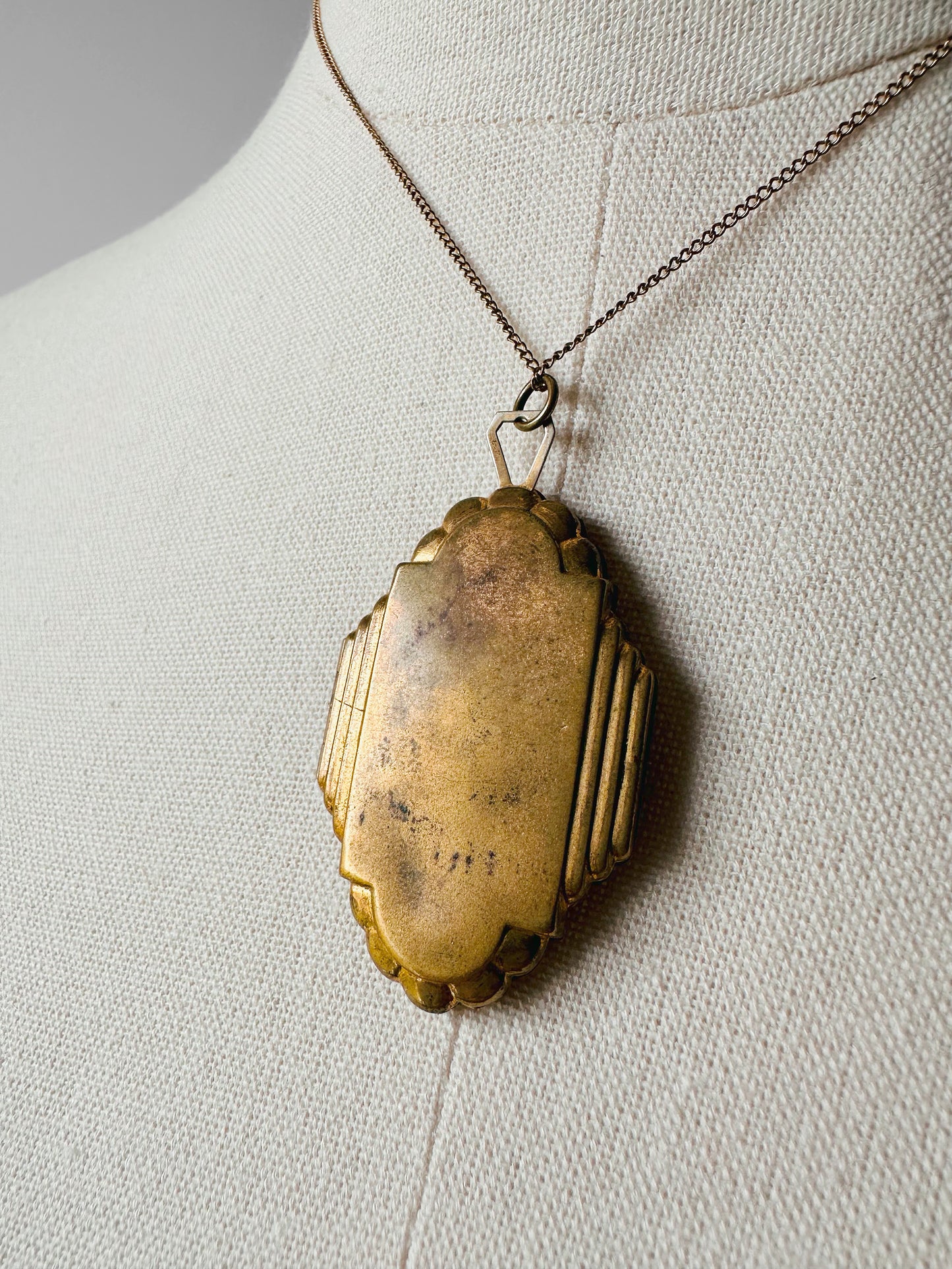 Antique 1920s - 1930s Tarnished Gold-Toned Locket Necklace with Floral Relief