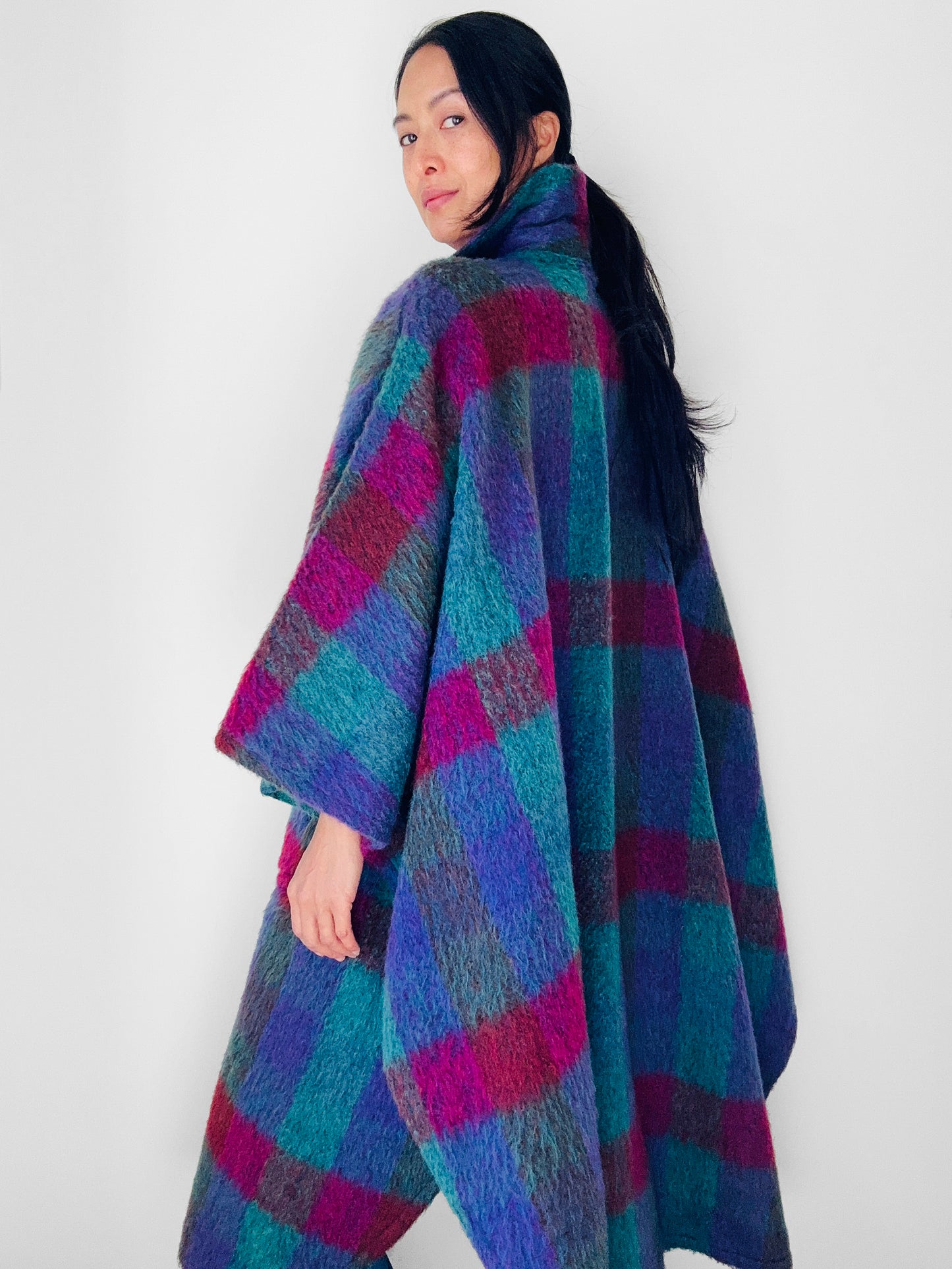 1960s Multi-Coloured Large Checkerboard Gingham Wool Cape Coat