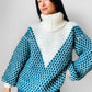 Teal and Cream Wool Turtleneck Patterned Oversized Knit Pullover Sweater