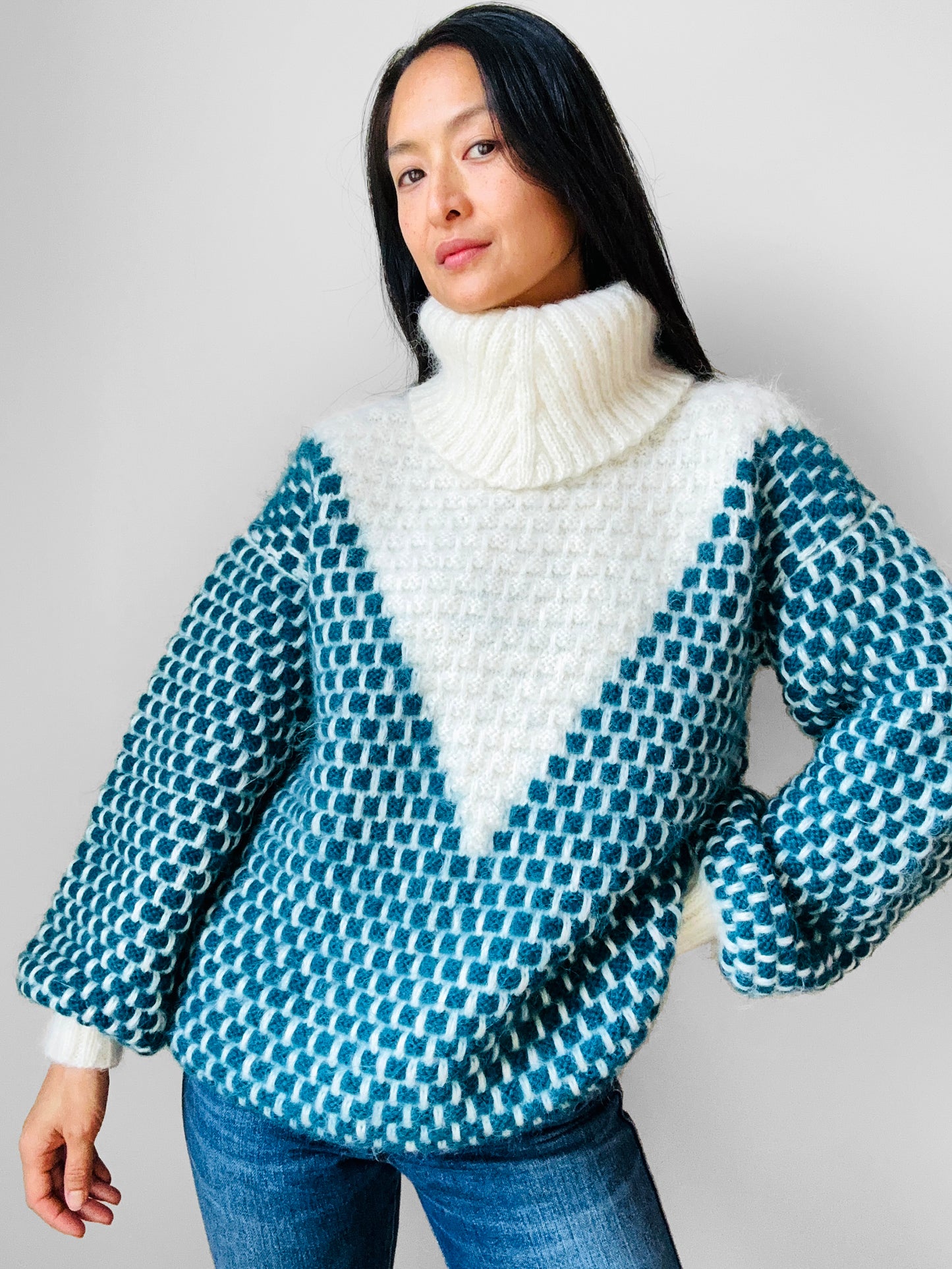 Teal and Cream Wool Turtleneck Patterned Oversized Knit Pullover Sweater