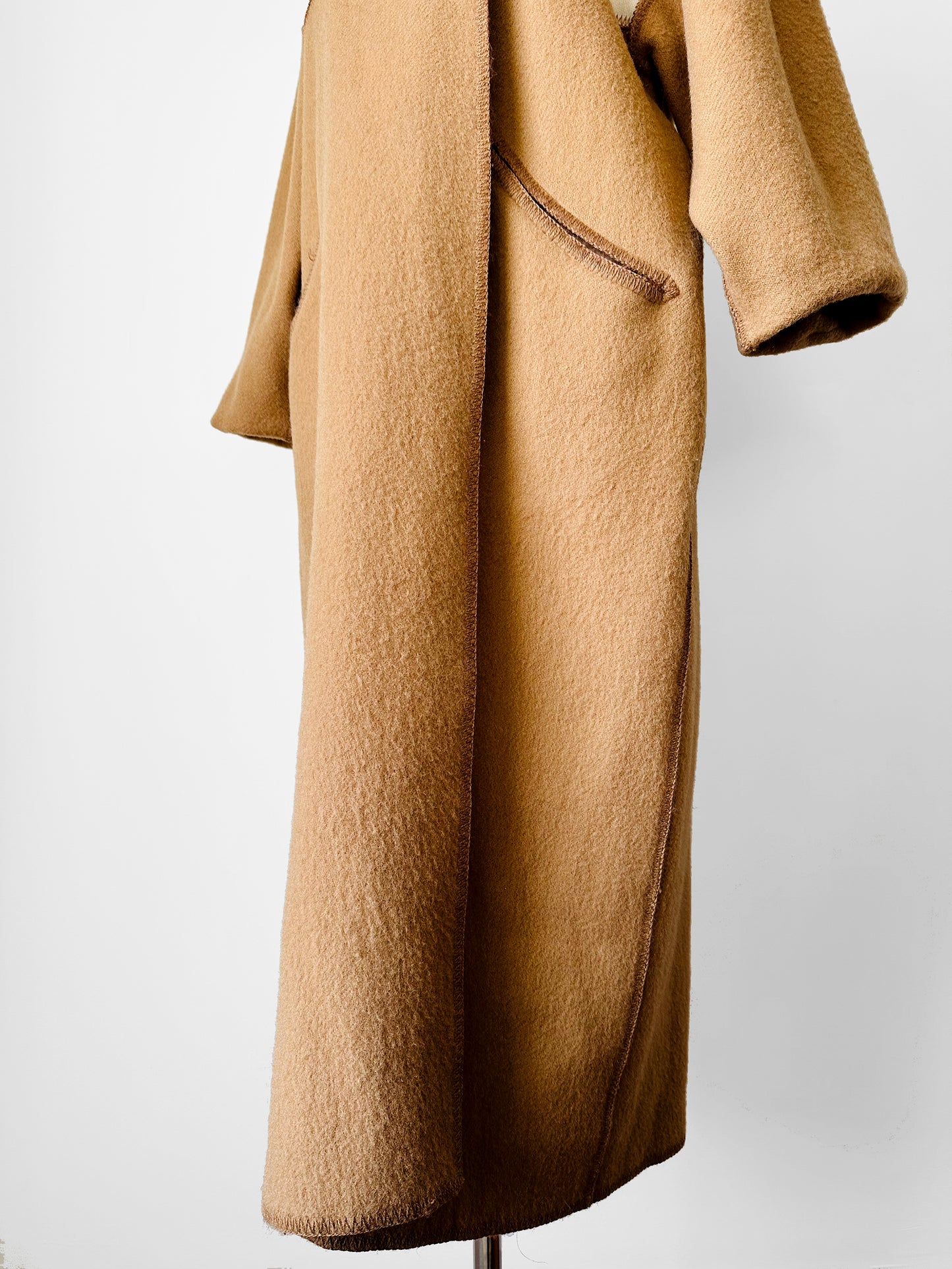 1980s Tan Pure Virgin Wool LUNDSTROM Canada Hooded Faux Fur Blanket Wrap Coat - Sz. O/S