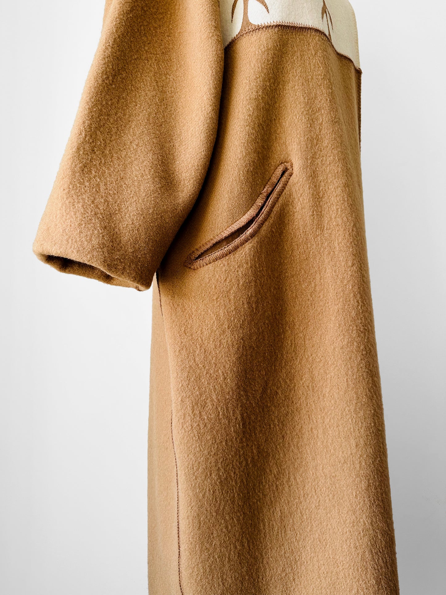 1980s Tan Pure Virgin Wool LUNDSTROM Canada Hooded Faux Fur Blanket Wrap Coat - Sz. O/S