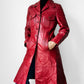 1970s Style Deep Cranberry Red Leather Tapered Waist Midi-Length Coat - Sz. Small