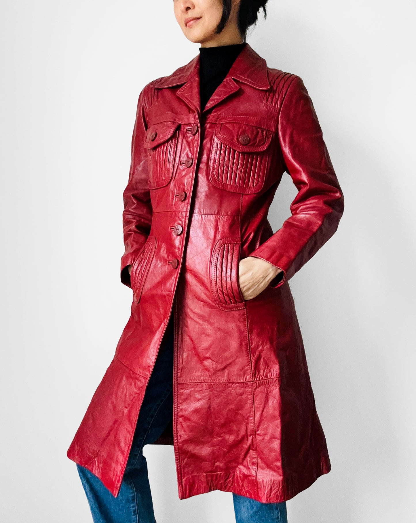 1970s Style Deep Cranberry Red Leather Tapered Waist Midi-Length Coat - Sz. Small