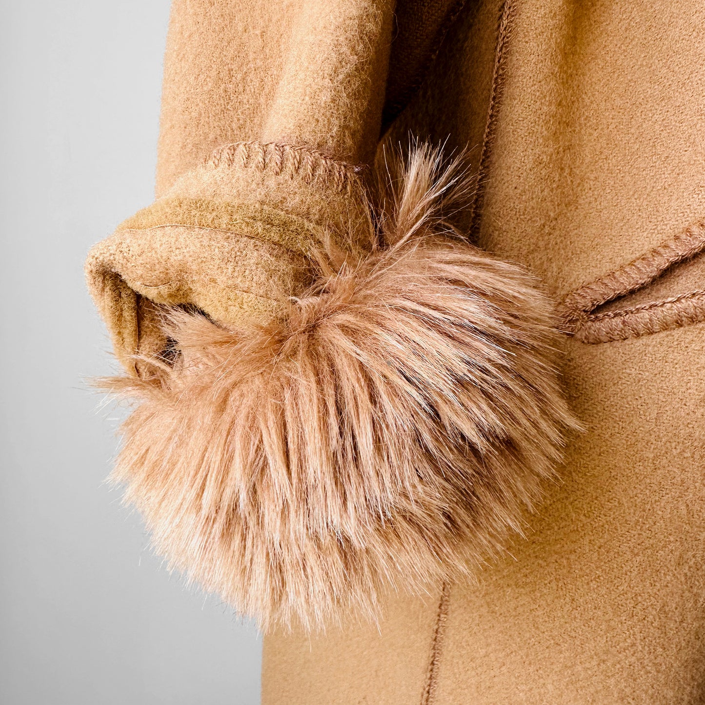 1980s Tan Pure Virgin Wool LUNDSTROM Canada Hooded Faux Fur Blanket Wrap Coat - Sz. O/S