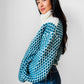 Teal and Cream Wool Turtleneck Patterned Oversized Knit Pullover Sweater