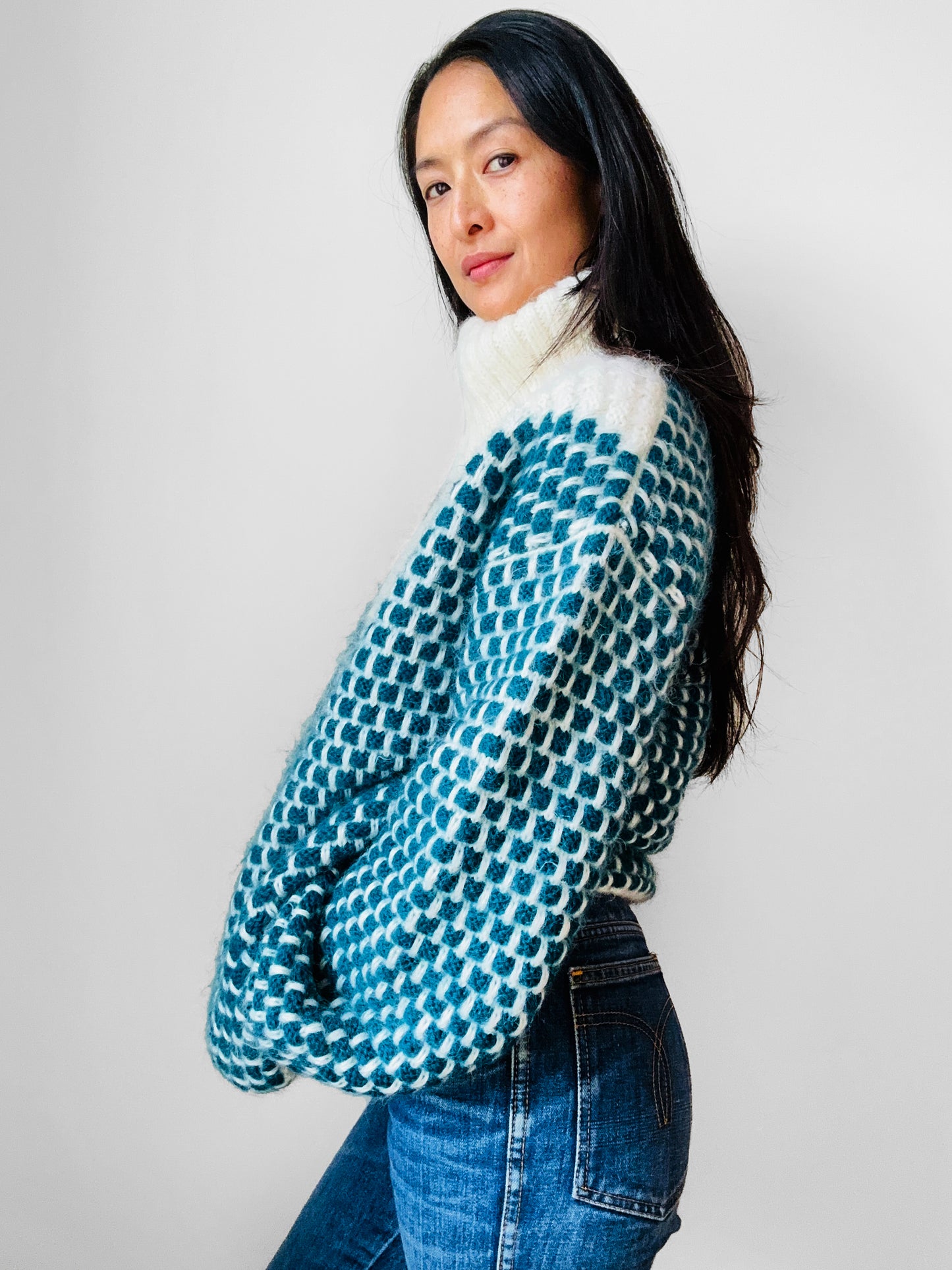 Teal and Cream Wool Turtleneck Patterned Oversized Knit Pullover Sweater