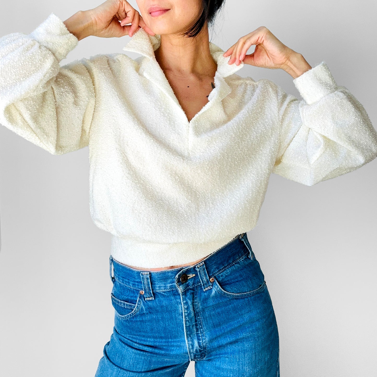 1970s Cream Collared Textured Knit Top - Sz. S