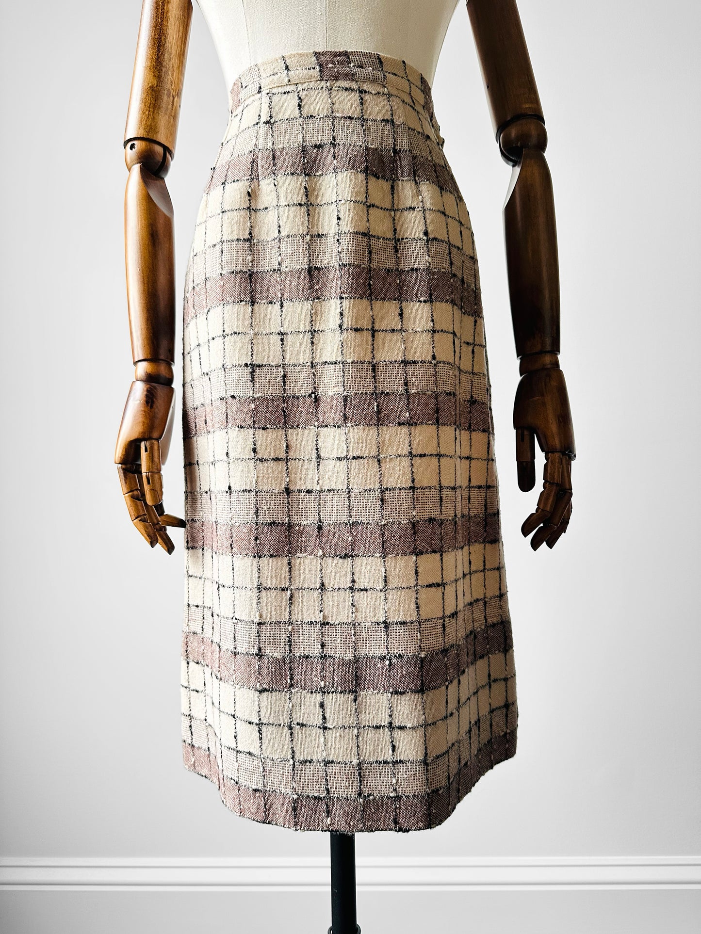 1960s - 1970s Off-White and Beige Textured Tweed Wool A-Line Skirt - Sz. XS/S