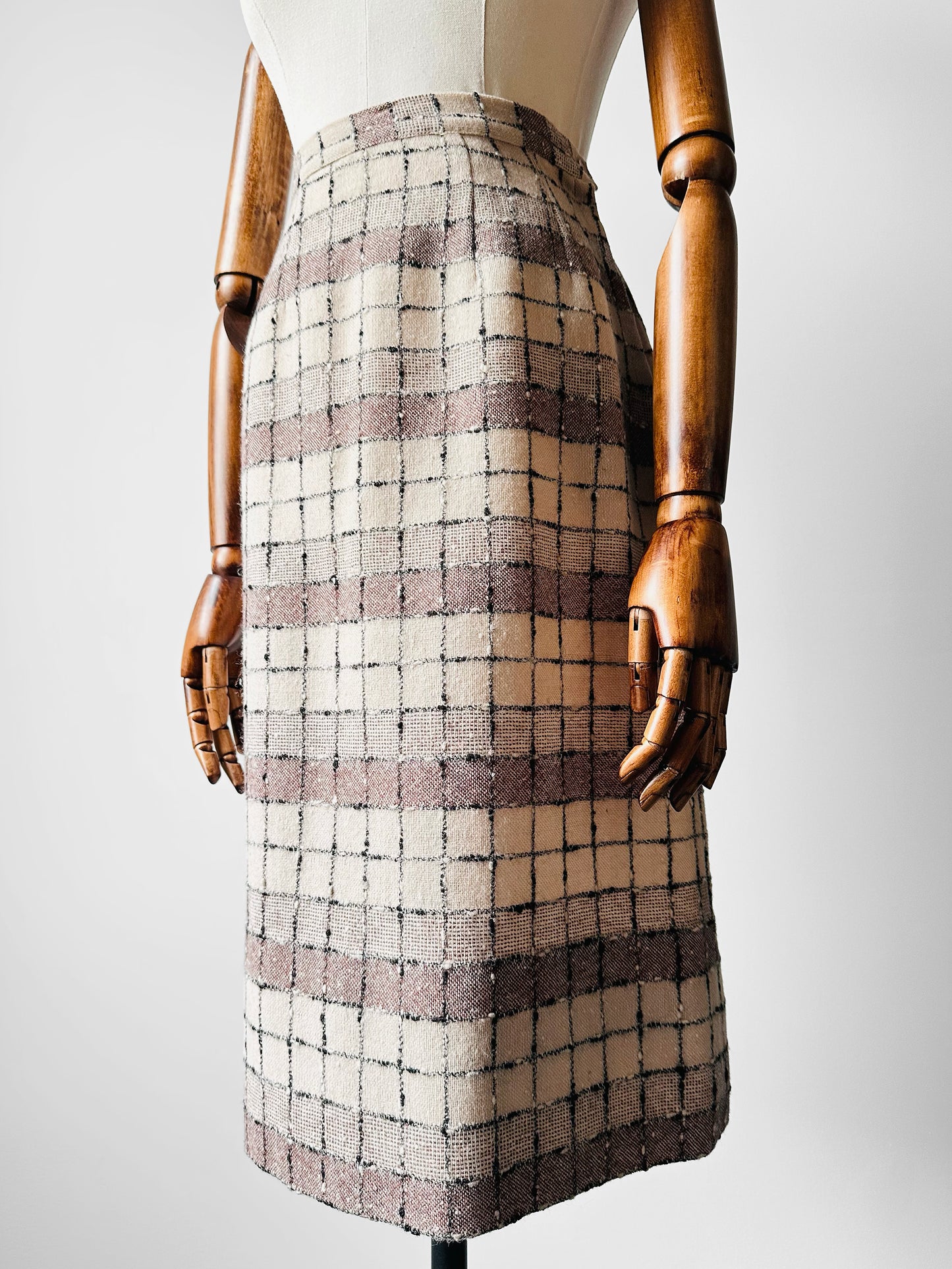 1960s - 1970s Off-White and Beige Textured Tweed Wool A-Line Skirt - Sz. XS/S