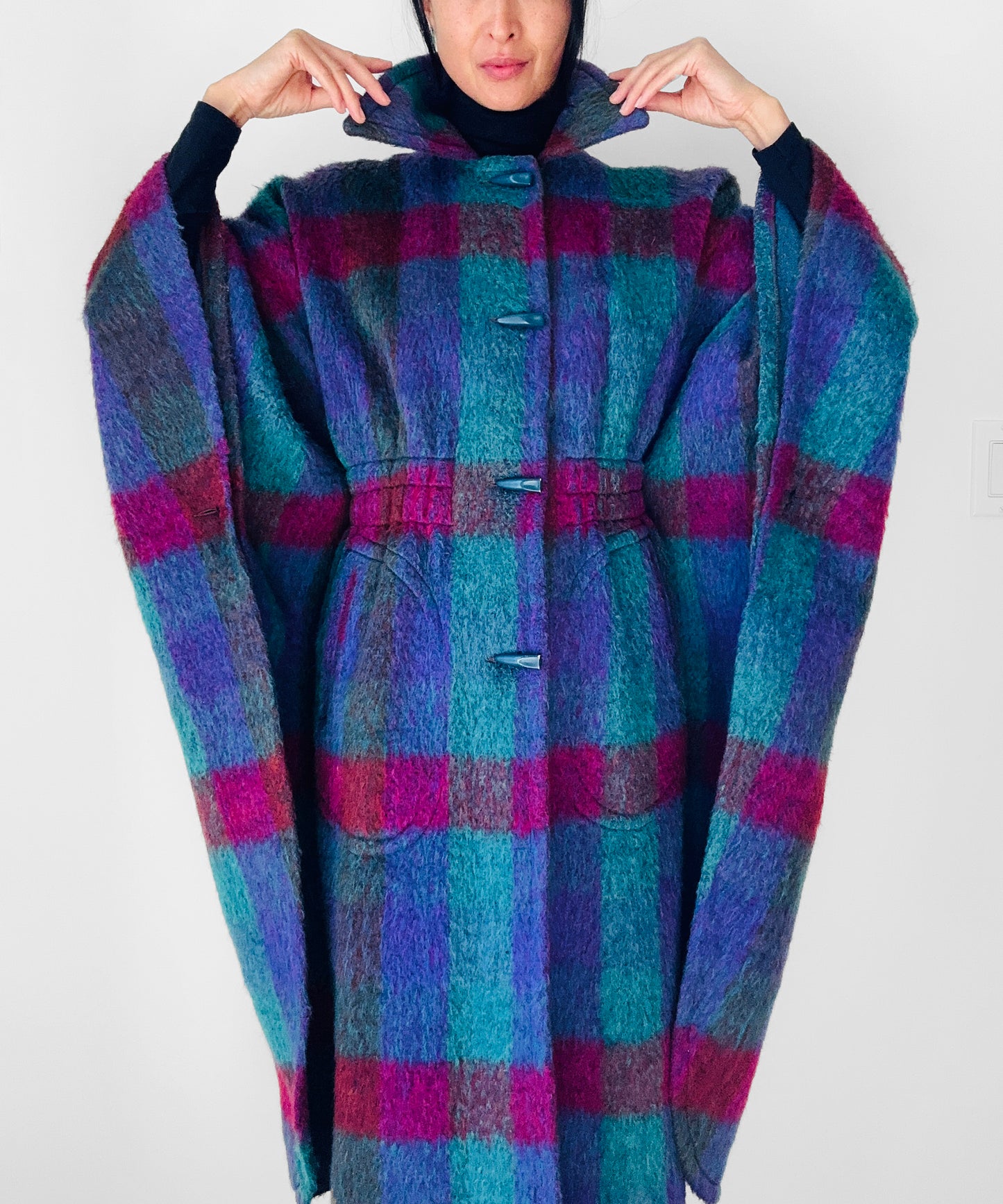 1960s Multi-Coloured Large Checkerboard Gingham Wool Cape Coat