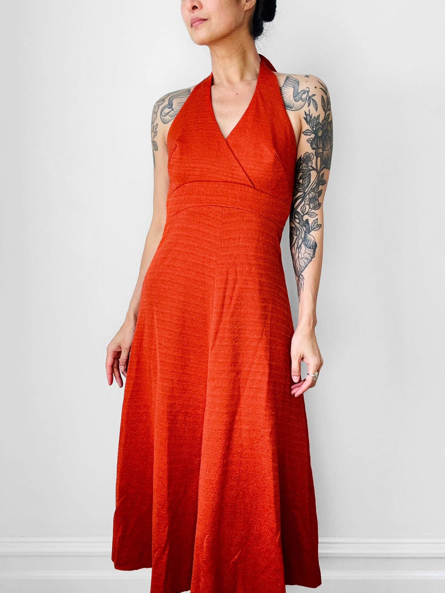Vintage 1970s Burnt Tangerine Midi-Length Halter Dress - Sz. S/M