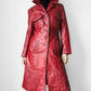 1970s Style Deep Cranberry Red Leather Tapered Waist Midi-Length Coat - Sz. Small