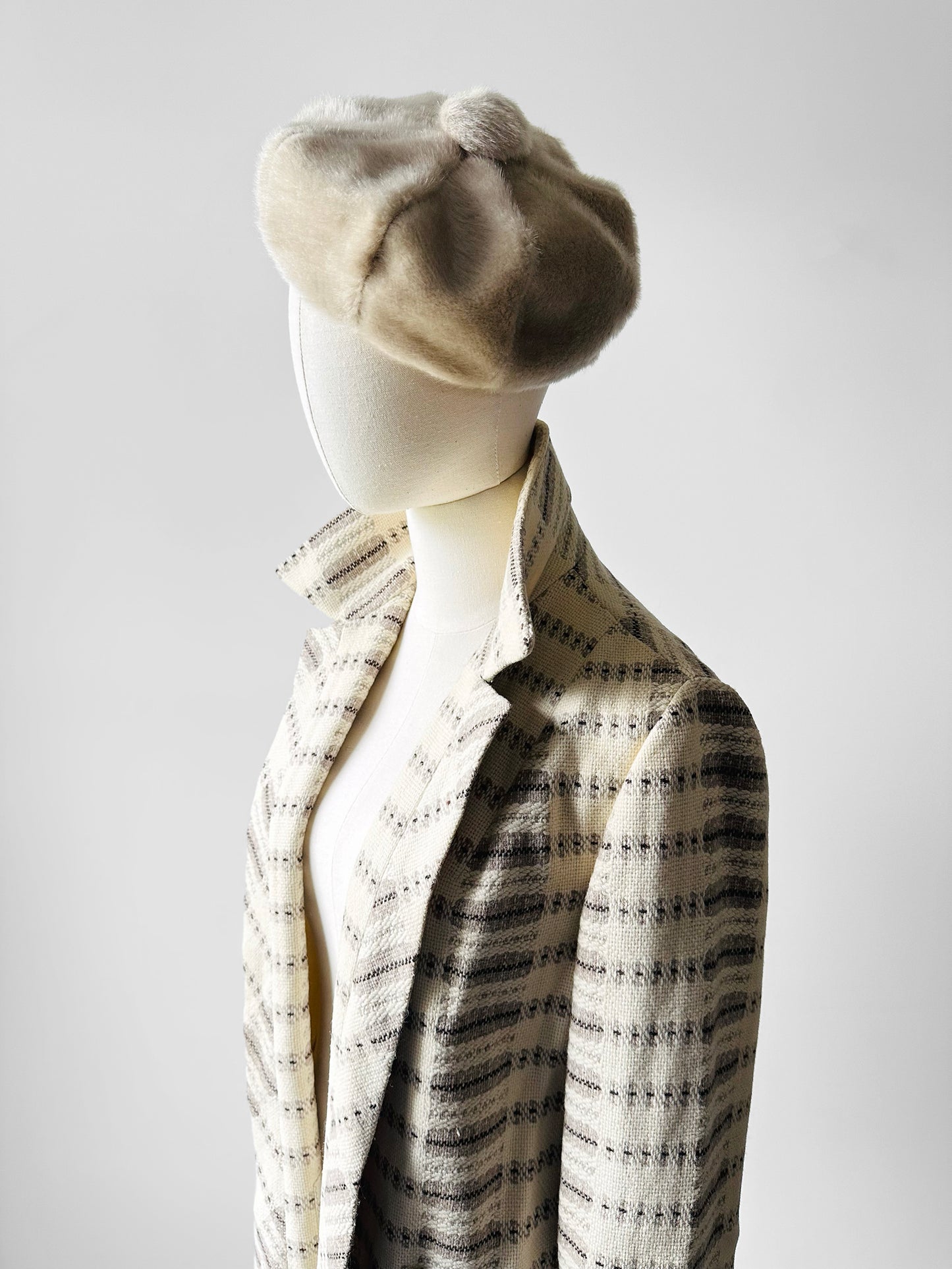 1950s - 1960s Off-White Patterned Open Front Wool Coat - Sz. S