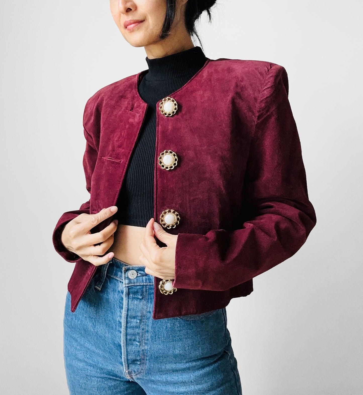 1980s Wine Toned Suede Crop Button Front Jacket - Sz. S/M