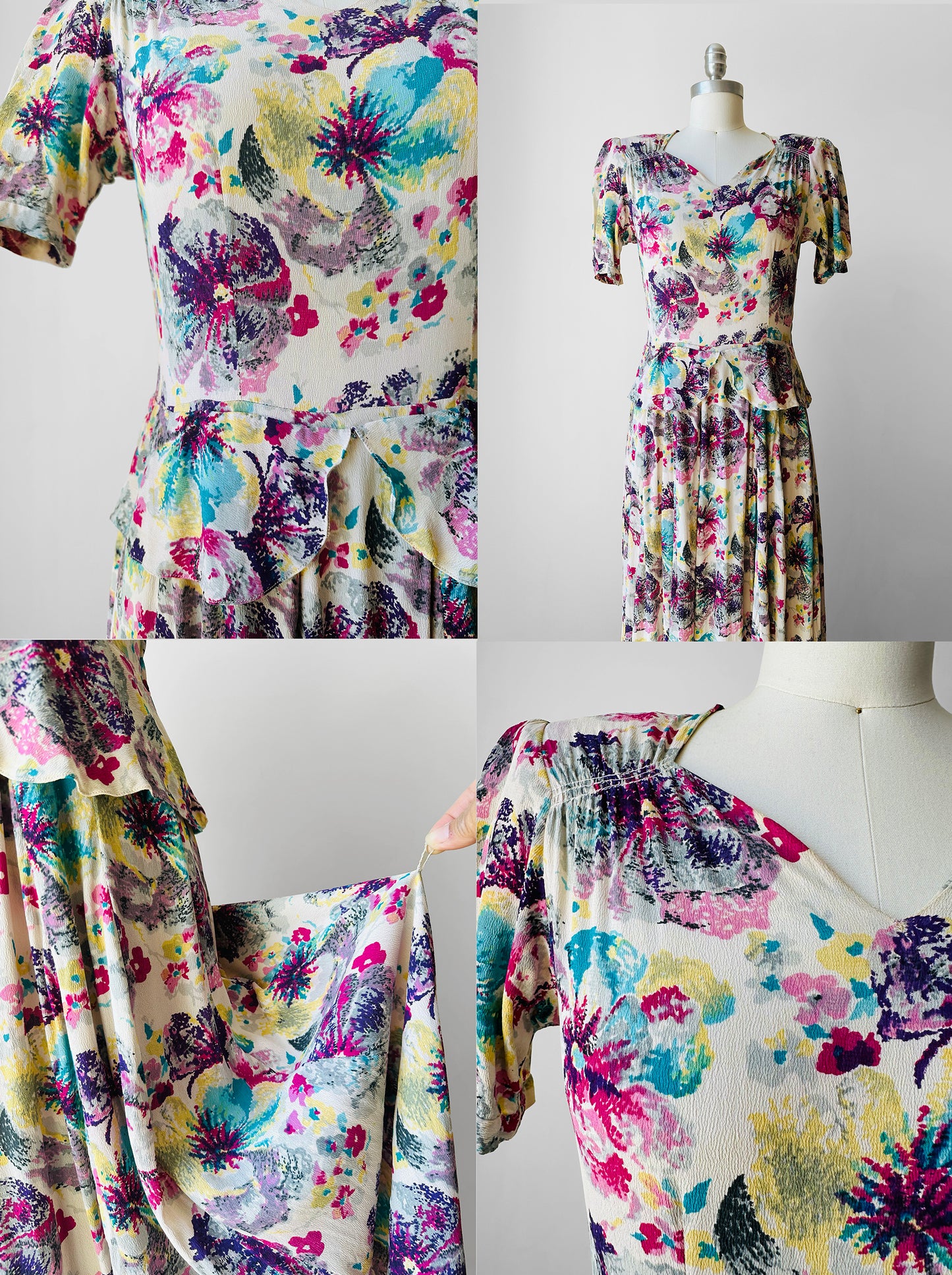 1930s Floor Length Floral Peplum Waist Dress - Sz. Sm