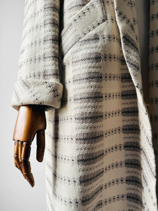 1950s - 1960s Off-White Patterned Open Front Wool Coat - Sz. S