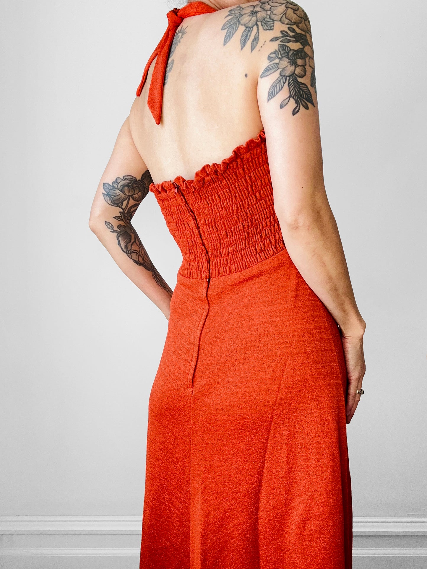 Vintage 1970s Burnt Tangerine Midi-Length Halter Dress - Sz. S/M