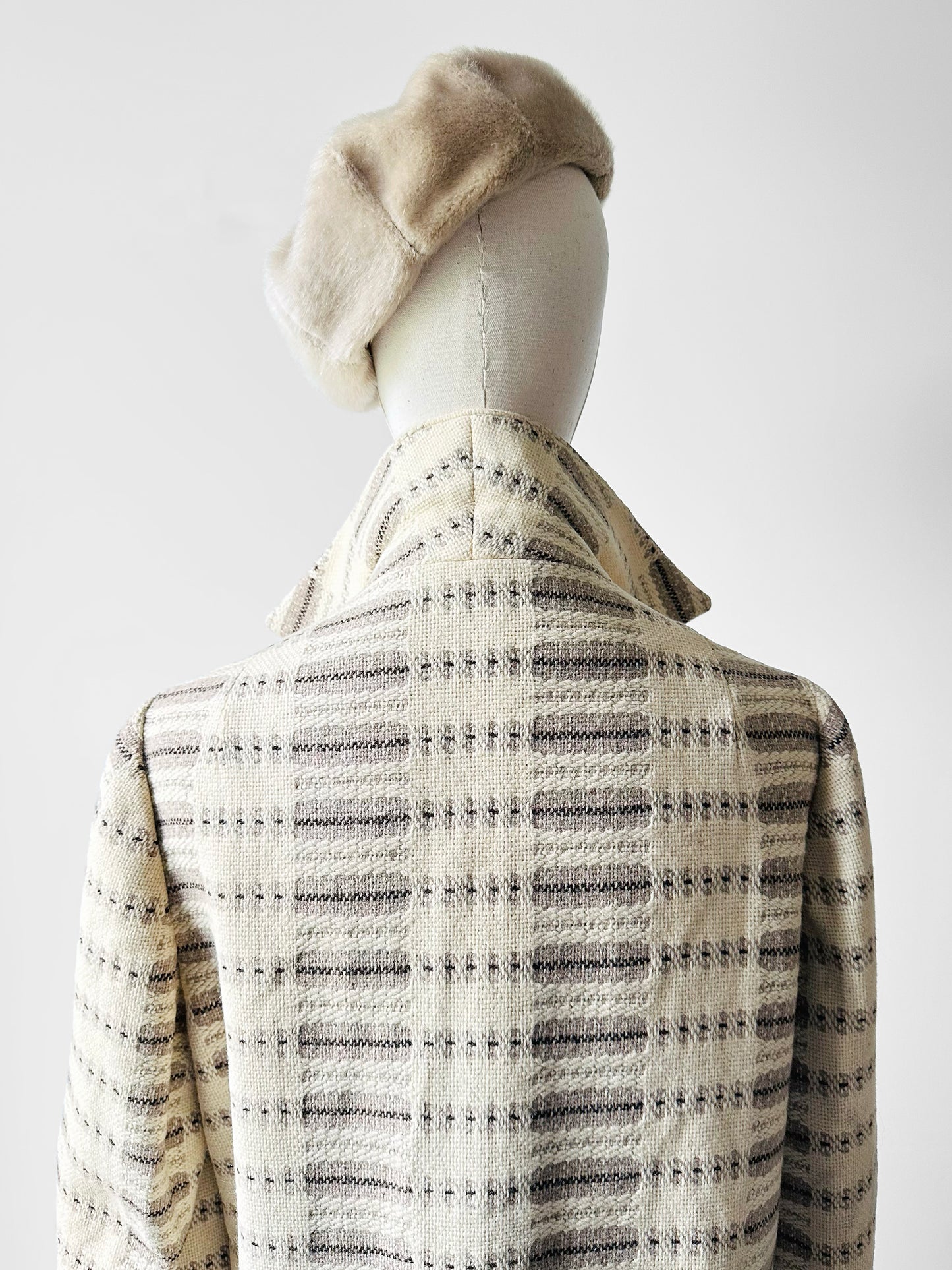 1950s - 1960s Off-White Patterned Open Front Wool Coat - Sz. S