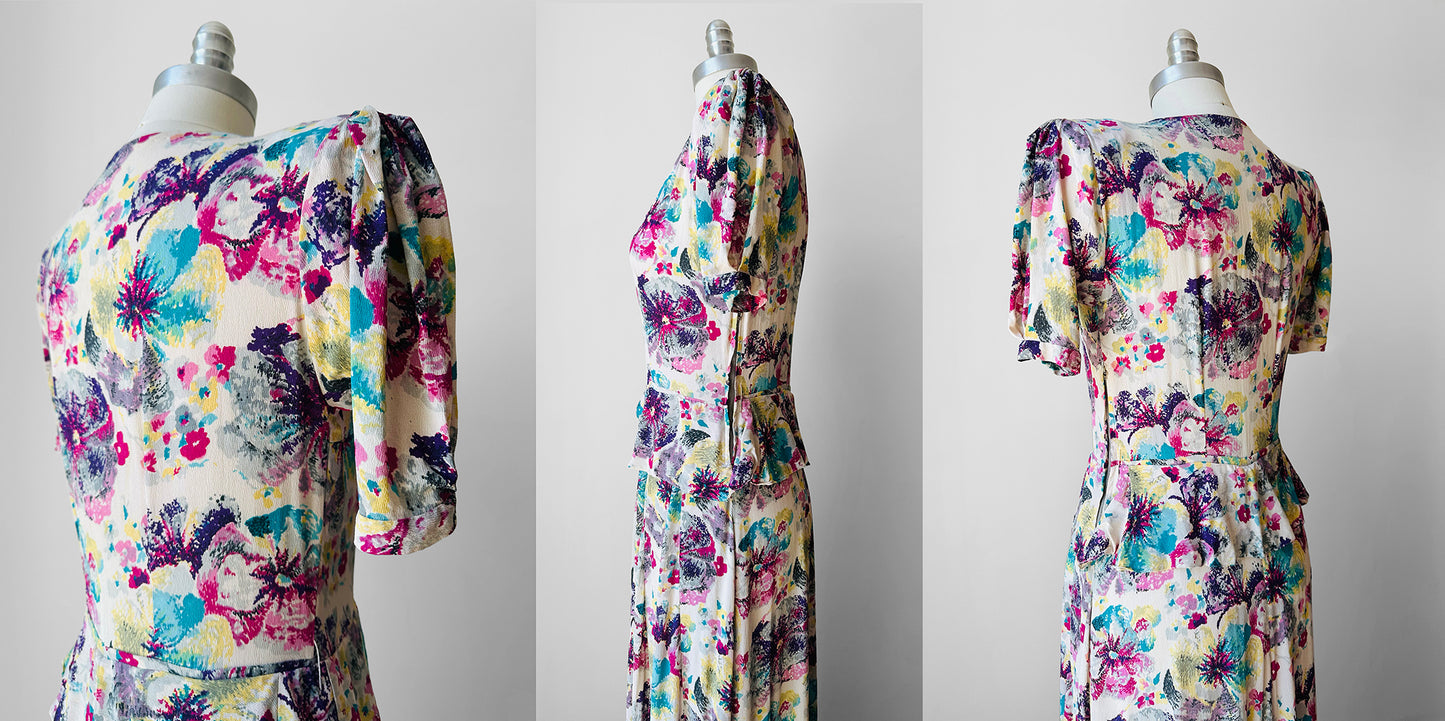 1930s Floor Length Floral Peplum Waist Dress - Sz. Sm