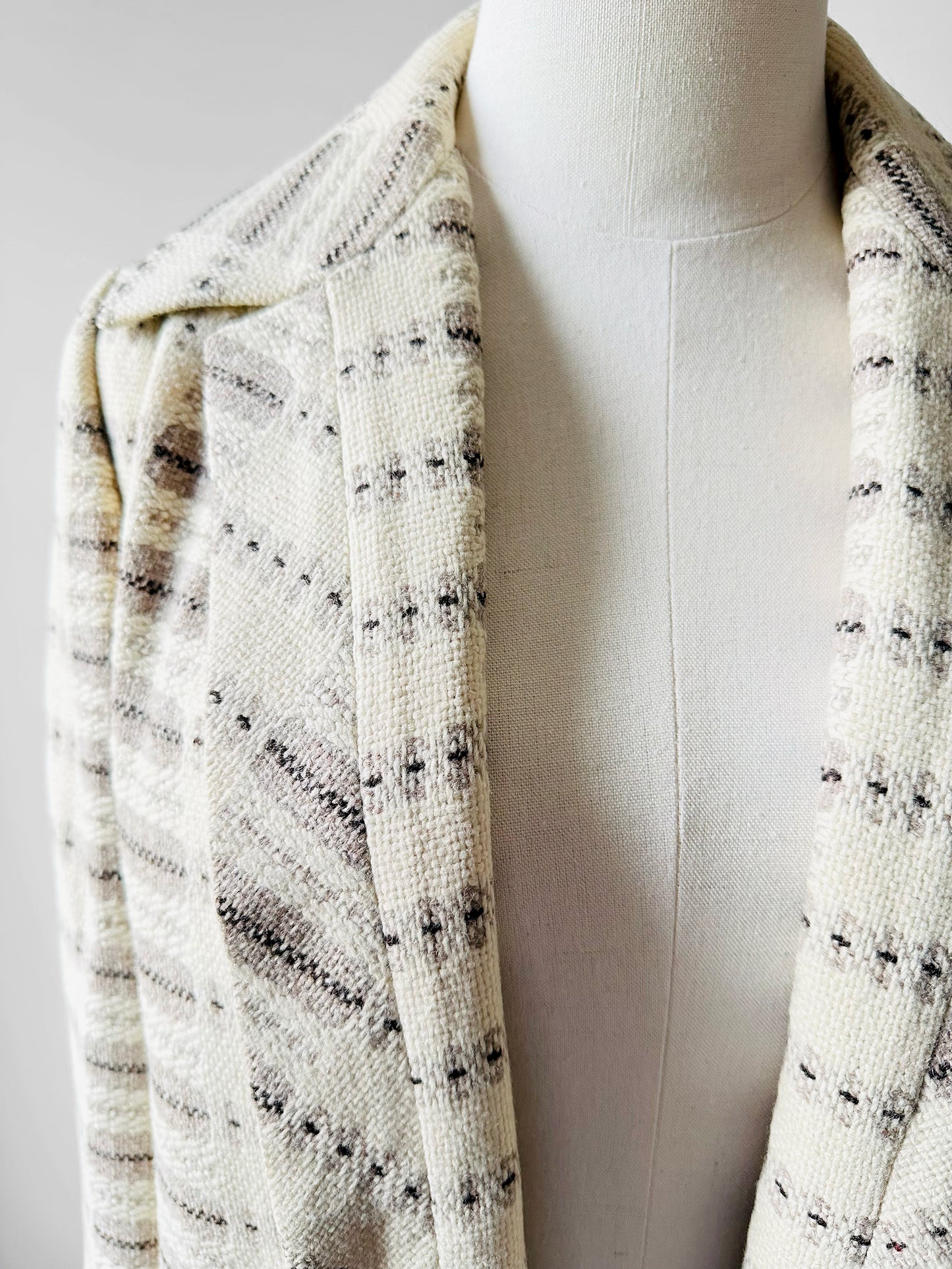 1950s - 1960s Off-White Patterned Open Front Wool Coat - Sz. S