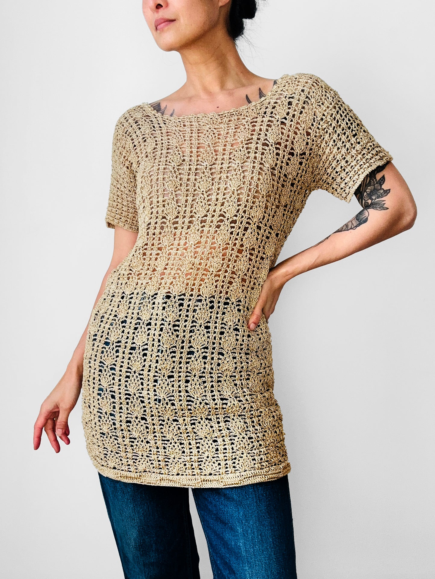 Vintage 1970s Beige Short-Sleeve Scoop Neck Crochet Tunic  - Sz. S