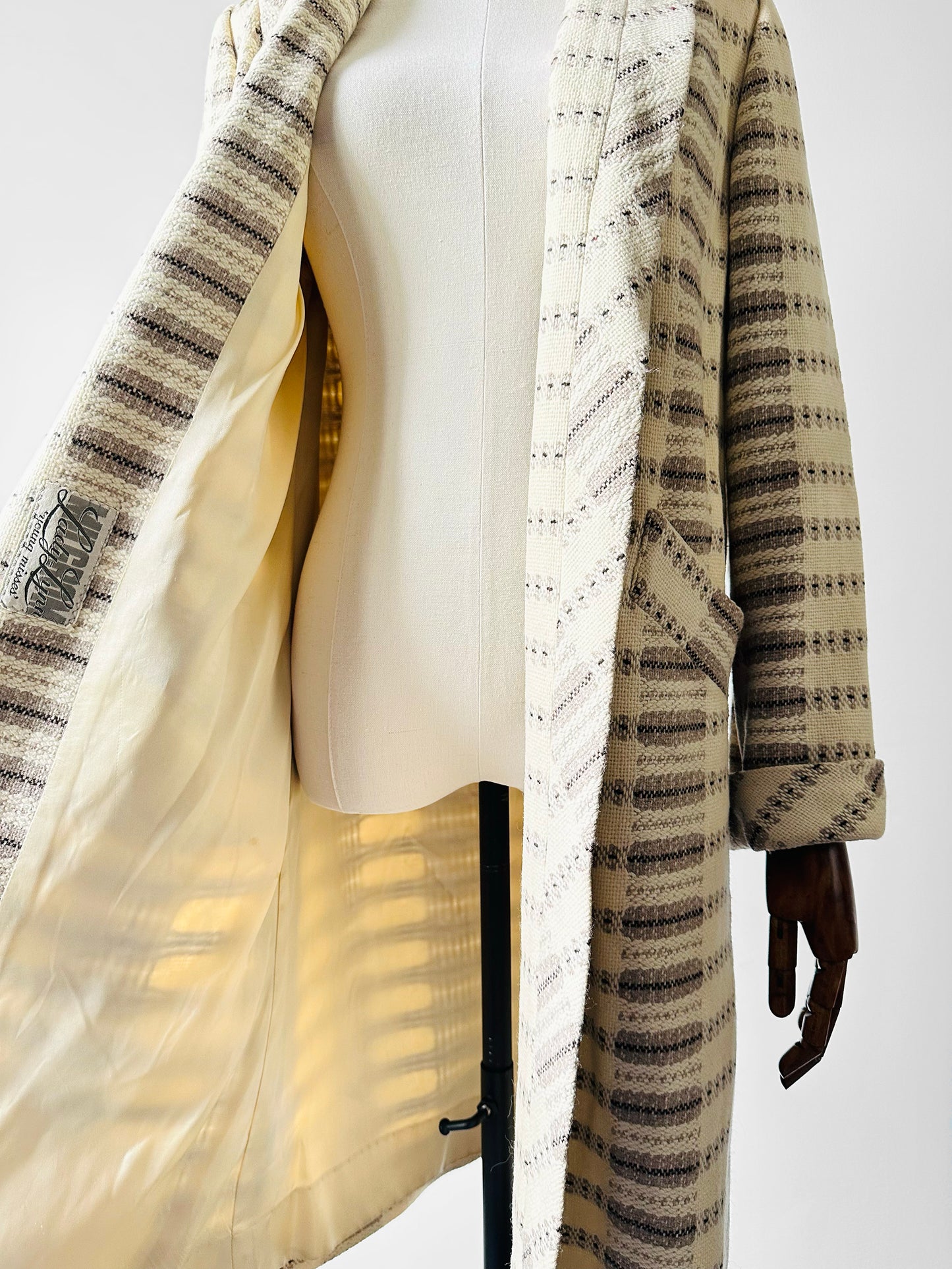 1950s - 1960s Off-White Patterned Open Front Wool Coat - Sz. S