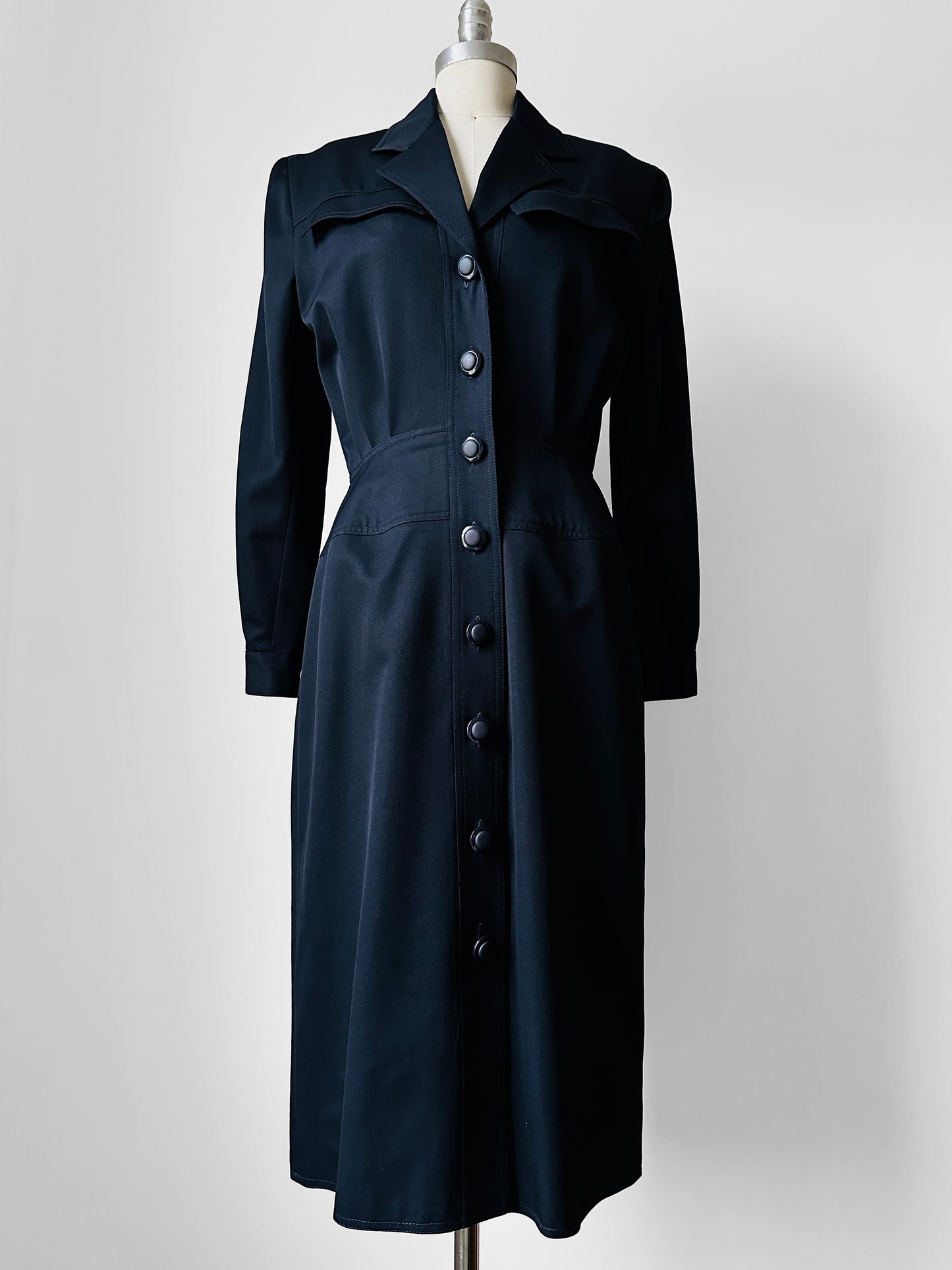 1980s Dark Navy Blue Button-Front Collared Tapered-Waist Wool Harve Benard Dress - Sz. S/M